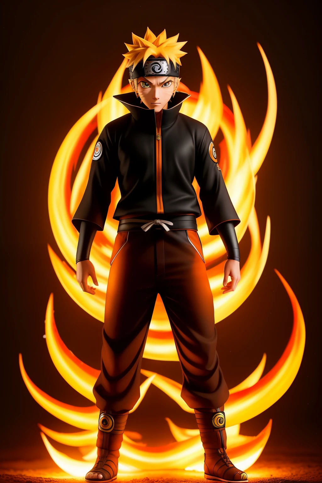 Ninja artist Uzumaki Naruto, bathed in the warm, dancing glow of firelight, stands poised with the Nine-Tails Chakra swirling around him. The image captures his raw power and determination in high quality, accentuating every intricate detail of his iconic ninja attire. The spiral pills at his feet are rendered with hyper-realistic precision, each one shimmering with ethereal energy under the soft firelight. This is a masterpiece, a testament to the fusion of human and fox spirit, a piece that deserves to be viewed in the best quality possible, honoring the legend that is Uzumaki Naruto.