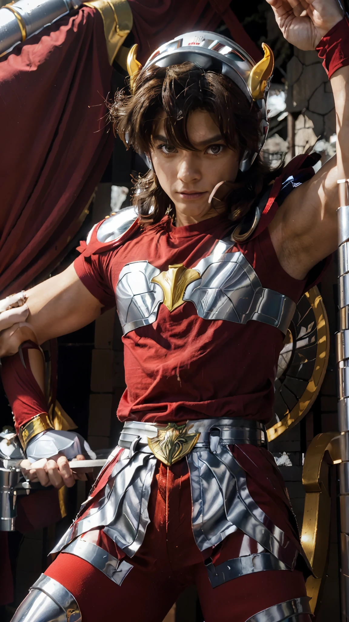 FULL BODY,((1 boy)),Pegasus Seiya,(MASTERPIECE:1.2),(REALISTIC:1.4),solo, (detail skin:1.2),
realistic skin texture,best lighting,
(Pegasus Seiya wearing a red short sleeve shirt,wearing a helmet,wearing red pants,wearing silver armor),
sanctuary of santa rosalia background:0.5