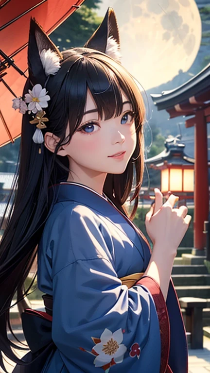 (Absurd、High resolution、Ultra-detailed)、Face close-up、Face Enhancement、Focus on the face、One Woman、Beautiful girl、Straight long hair、Shiny beautiful hair、blue eyes、Bans、Long sleeve、Finely drawn eyes and detailed face、目のハイLight、Without stopping、Abundant lighting、Highly detailed CG synthesis 8k wallpaper、Intricate details、Portrait、sight、solo、Half Shot、Fine drawing surface、 A kind smile、Dynamic pose、Classic period、(Ancient Japan theme:1.1)、Japanese mythology、Fox Ears、Japanese、rule、Person Japan Blue kimono、Flower pattern kimono、Ancient Theme、(A flourishing civilization:1.1)、Moon in the background、(snow white:1.1)shrine、torii、Japanese Landscape、Fushimi Inari Shrine in the background、Fox mask on head、Fantasy、dream-like、Dancing Light、lanthanum、Solemn evening、darkness、performer、Portraiture、Light
