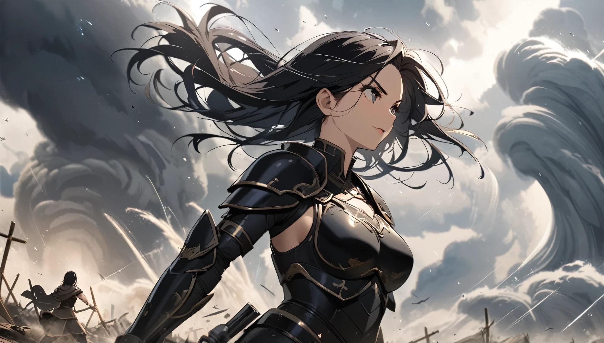 A female warrior with long black hair and wearing black armor, a beautiful woman, bangs, a tornado,