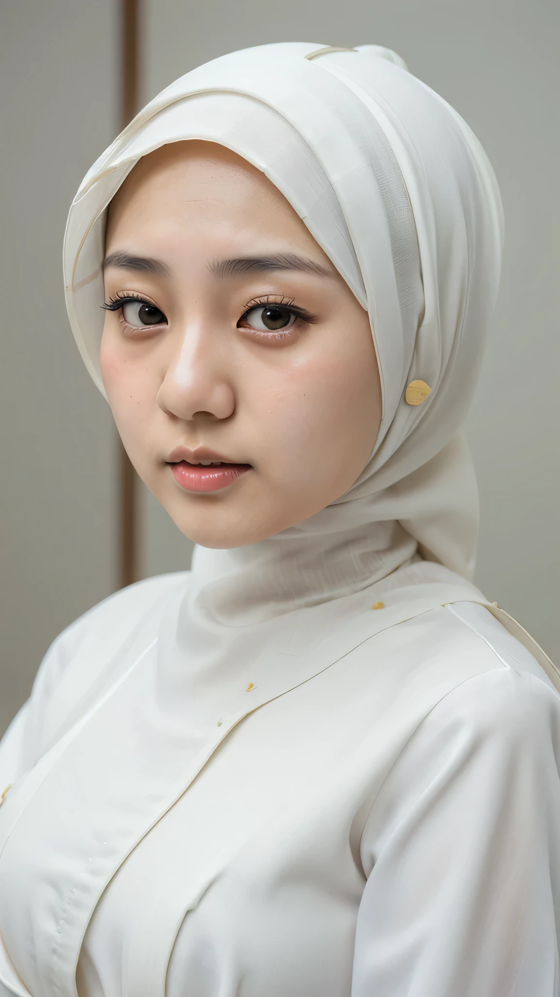 Beautiful japanese young woman with hijab, wearing white dress. Close up shoot.