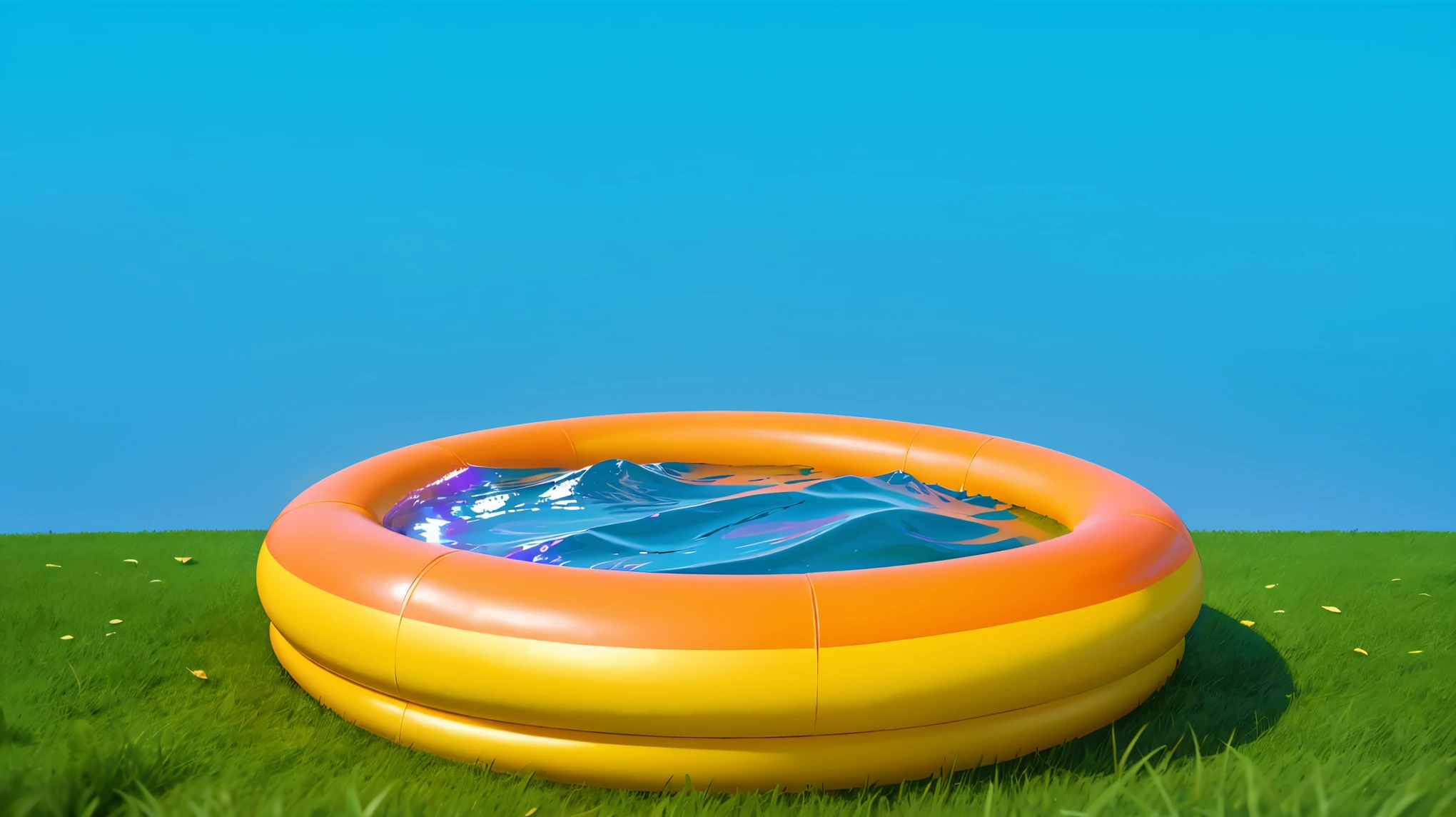 An inflatable swimming pool filled with water sits on a grassy lawn. An inflatable swimming pool filled with water sits on a grassy lawn. cartoon key frame rendering, cute 3D rendering, Shiny metallic,Create ultra sharp  цветной рендеринг zbrush. perfect cgi, cgi art created only with gradients, smooth silhouette, Create ultra sharp skin, high intensity refraction, (plastic material), most beautiful vfx, blue background, plastic refractions, glossy texture, smooth 3d model, multiple light sources, rim light, sharp post effects render, (glossy plastic texture with multiple big light probe refractions), perfect cgi, cgi art created only with gradients, smooth silhouette, high intensity refraction, (plastic material), most beautiful vfx, blue background, plastic refractions Create ultra sharp