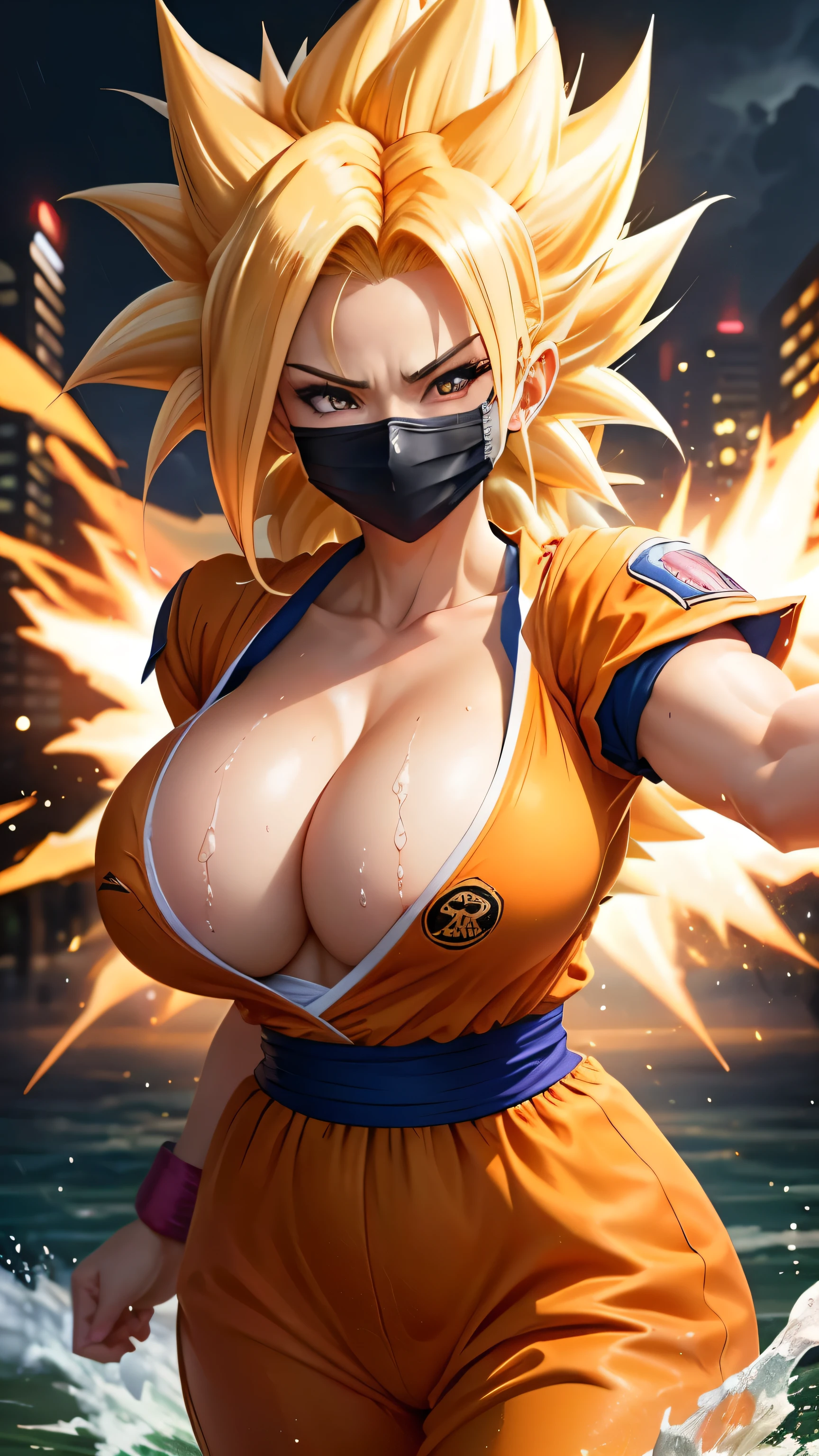 ((best quality)), ((masterpiece)), (detailed), perfect face, Dragon Ball anime, ((Laura/woman, big breasts, extremely beautiful)), ((Super Saiyan Superior Instinct)) {transformed into Super Saiyan wearing Goku costume, emanating golden magic aura ((circling furiously around the body)). Background, completely destroyed city at night raining hard. She has {silver eyes, white Super Saiyan hair} her hair, face and her outfit are soaked in water, She is staring at the viewer, fists clenched, concentrating magical aura, in a forward attack pose. Anime Dragon Ball, high detail, anime, 16k, UHD, anatomically correct, textured skin, super detail, high quality, award winning, ((Dragon Ball orange outfit)) ((Goku costume)), (((visible , big boobs))), ((wearing a mask))