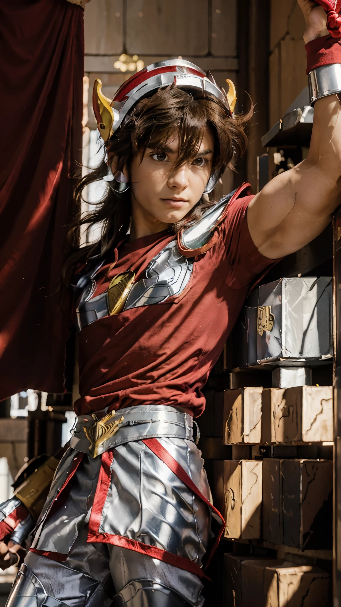 FULL BODY,((1 boy)),Pegasus Seiya,(MASTERPIECE:1.2),(REALISTIC:1.4),solo, (detail skin:1.2),
realistic skin texture,best lighting,
(Pegasus Seiya wearing a red short sleeve shirt,wearing a helmet,wearing red pants,wearing silver armor),
sanctuary of santa rosalia background:0.5