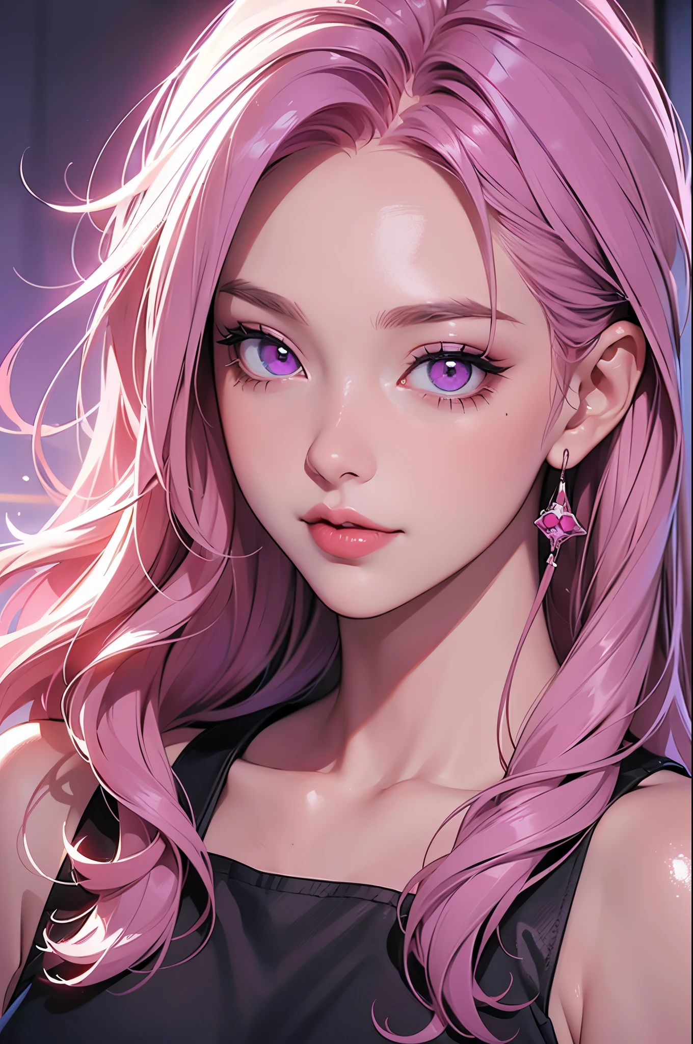 (Best quality at best,8K,A high resolution,tmasterpiece:1.2),Digital artwork, one girl，detailed face，detailed eyes，pink hair，long straight hair，glowing purple eyes，red lip，Suspenders