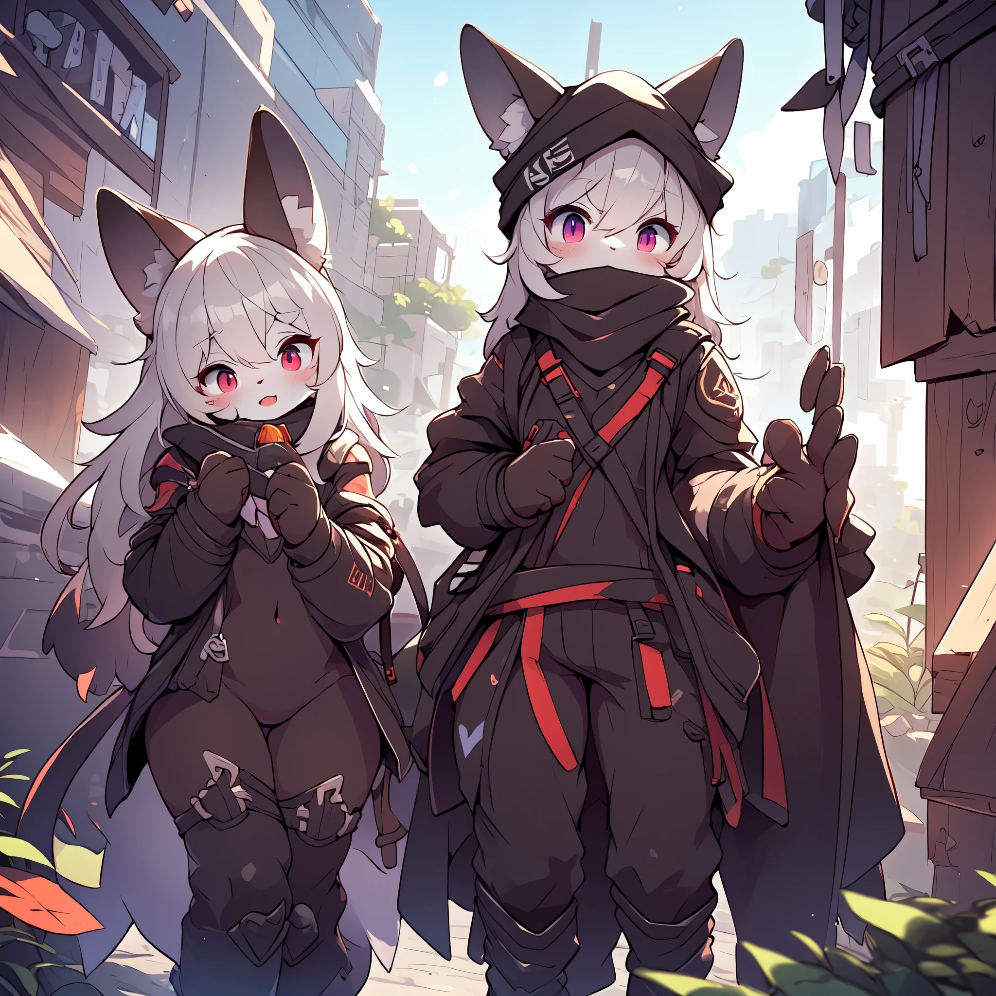 Kawaii, Striped Fluffy Fox, emaciated, long hair, 3girls, artificial synthetic skin, life support prosthetics, digital headphones, black tight latex bodysuit, white long dress, thigh-high-socks, shorts, loose off-the-shoulder hood open jacket, holsters in thigh, Mechanical boots, tactical knee pads, tactical belted loose Arm Sleeves, cybernetic Display gloves, chest rigs, tactical belts, blue archive halo, bulletproof goggles on forehead, from Ark nights, ray tracing, depth of field, bloom, masterpiece, ccurate, high details, highres