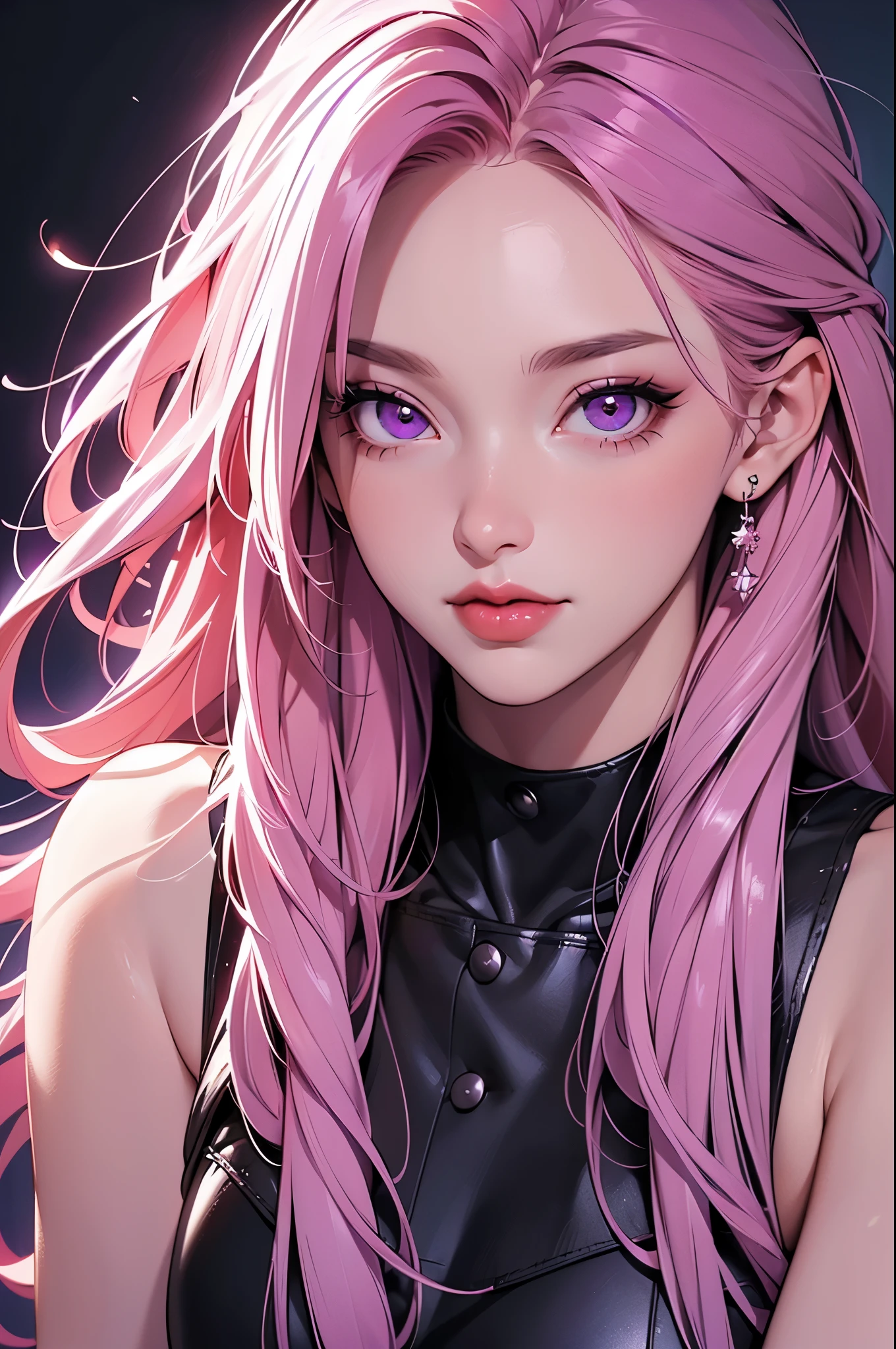 (Best quality at best,8K,A high resolution,tmasterpiece:1.2),Digital artwork, one girl,detailed face,detailed eyes,pink hair,long straight hair,glowing purple eyes,red lip,Suspenders