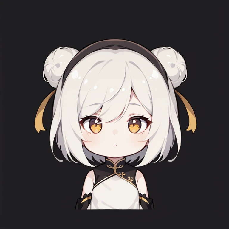 best quality, female, surprised, neutral, looking to the side, looking to the left, short hair, white hair, eyes open, pale skin, chibi, white background, cute, chibi, icon, flat icon, headshot,China dress,chinese bun black short hair,bun cover,Yellow Eyes,surprised
