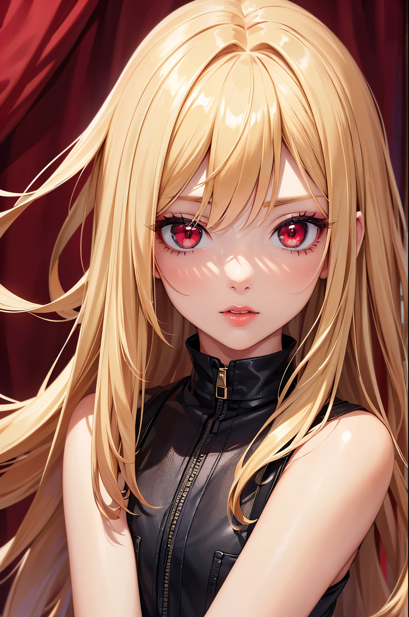 (Best quality at best,8K,A high resolution,tmasterpiece:1.2),Digital artwork, one girl,detailed face,detailed eyes,blonde hair,long straight hair,glowing red eyes,red lip,Suspenders