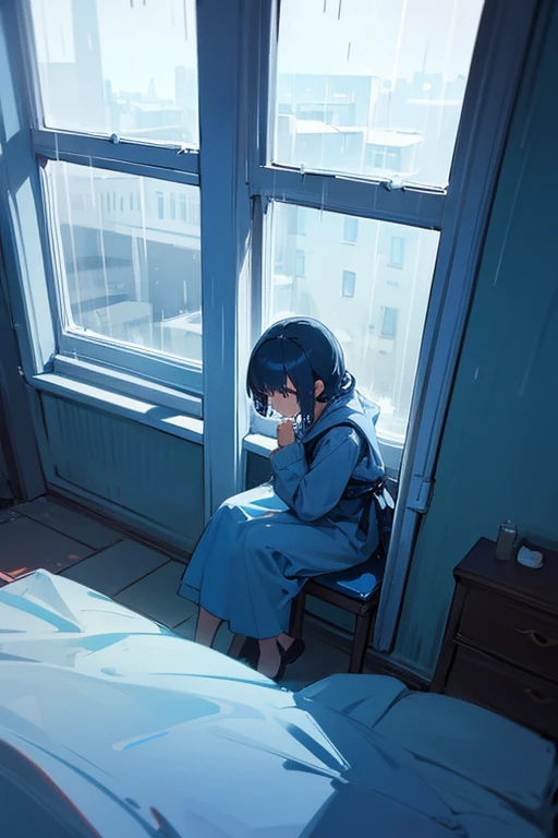 A girl sitting alone on her bed. Through the window, the weather is rainy. The overall color is blue.