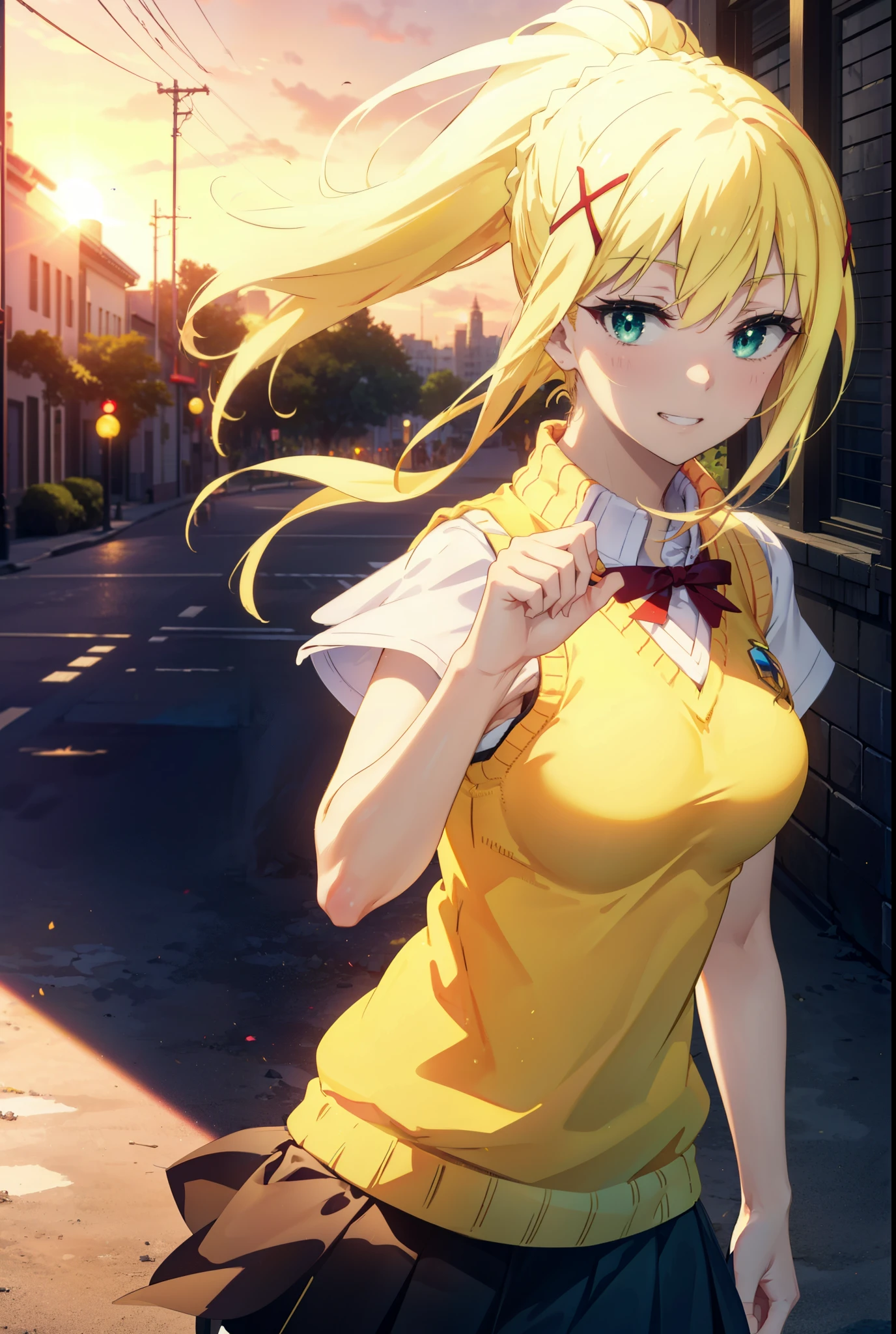 Lalatina Dusty Nesford, Lalatina Dustiness Ford, darkness \(KonoSuba\), Long Hair, (Green Eyes:1.3), Blonde, hair ornaments, ponytail, Braiding, x hair ornaments,Big Breasts,smile, Grin, White Y-shirt,Short sleeve,Sweater vest, Black knee-high socks,(yellow Sweater vest:1.5),Black pleated skirt,Black Loafers,whole bodyがイラストに入るように,Walking,Sunset,evening,The sun is setting, break outdoor,In town,Building district,,crowd, people々々々々々, break looking at viewer, whole body, break (masterpiece:1.2), highest quality, High resolution, unity 8k wallpaper, (shape:0.8), (Beautiful and beautiful eyes:1.6), Highly detailed face, Perfect lighting, Extremely detailed CG, (Perfect hands, Perfect Anatomy),