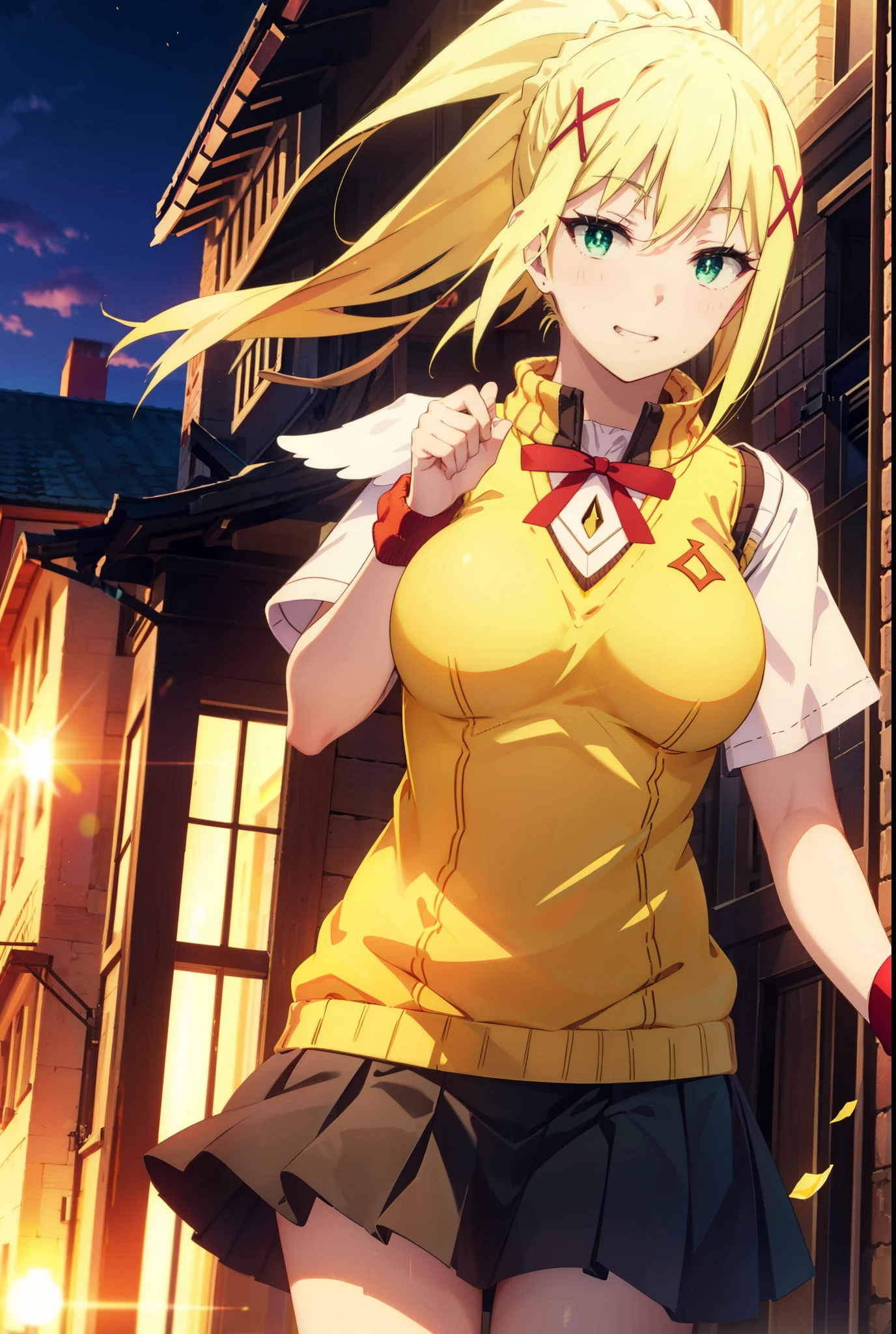 Lalatina Dusty Nesford, Lalatina Dustiness Ford, darkness \(KonoSuba\), Long Hair, (Green Eyes:1.3), Blonde, hair ornaments, ponytail, Braiding, x hair ornaments,Big Breasts,smile, Grin, White Y-shirt,Short sleeve,Sweater vest, Black knee-high socks,(yellow Sweater vest:1.5),Black pleated skirt,Black Loafers,whole bodyがイラストに入るように,Walking,Sunset,evening,The sun is setting, break outdoor,In town,Building district,,crowd, people々々々々々, break looking at viewer, whole body, break (masterpiece:1.2), highest quality, High resolution, unity 8k wallpaper, (shape:0.8), (Beautiful and beautiful eyes:1.6), Highly detailed face, Perfect lighting, Extremely detailed CG, (Perfect hands, Perfect Anatomy),