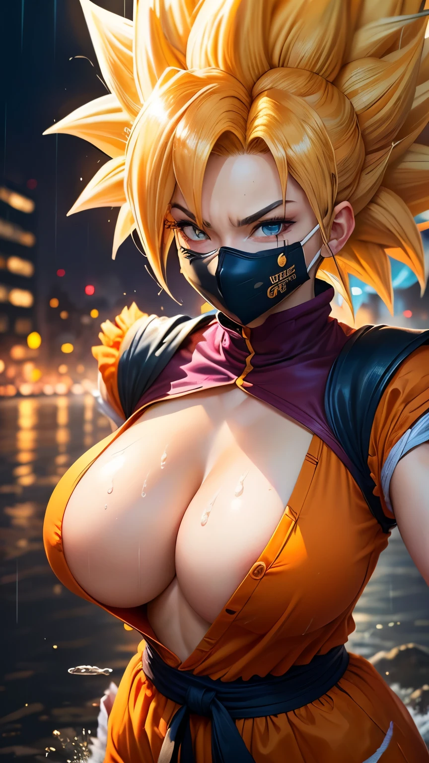 ((best quality)), ((masterpiece)), (detailed), perfect face, Dragon Ball anime, ((Laura/woman, big breasts, extremely beautiful)), ((Super Saiyan Superior Instinct)) {transformed into Super Saiyan wearing Goku costume, emanating golden magic aura ((circling furiously around the body)). Background, completely destroyed city at night raining hard. She has {silver eyes, white Super Saiyan hair} her hair, face and her outfit are soaked in water, She is staring at the viewer, fists clenched, concentrating magical aura, in a forward attack pose. Anime Dragon Ball, high detail, anime, 16k, UHD, anatomically correct, textured skin, super detail, high quality, award winning, ((Dragon Ball orange outfit)) ((Goku costume)), (((visible , big boobs))), ((wearing a mask)), pretty girl