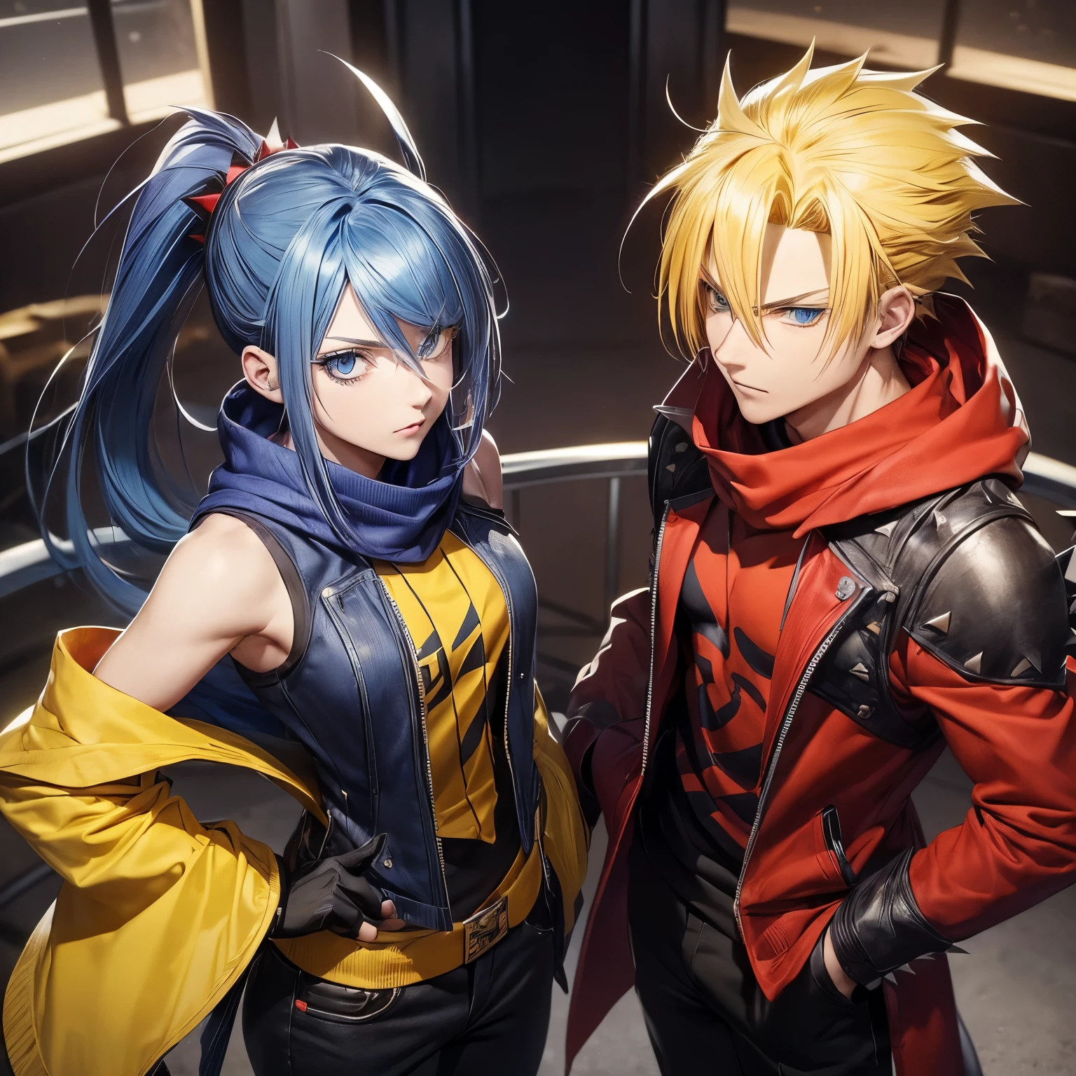 ((Couple)), ((26 years old, male,Yellow hair, Blue eyes), Spiky hair)). 

((26 Years Old), female, Indigo Hair), Hime Cut, Bang)),, red scarf, red hoodie vest, sleeveless, black pants, black gloves, slim, up to legs, intimidating aura