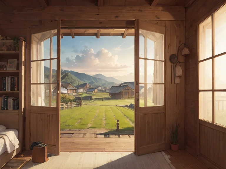 background landscape village countryside of Korea, rich details, beautiful illustration, digital drawing, Natural Light, HDR, intricate details, cinematic lighting effects, HD image quality, soft light, tyndall effect, dreamy, rich details, high quality, extremely high- resolution, (very detailed CG unity 8k wallpaper), first person pov, realistic houses, (view from outside), near open sliding door of house, view from outside of house, first person view, field of view