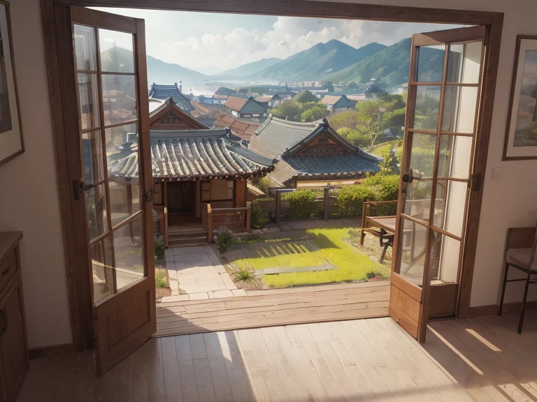 background landscape village countryside of Korea, rich details, beautiful illustration, digital drawing, Natural Light, HDR, intricate details, cinematic lighting effects, HD image quality, soft light, tyndall effect, dreamy, rich details, high quality, extremely high- resolution, (very detailed CG unity 8k wallpaper), first person pov, realistic houses, (view from outside), near open sliding door of house, view from outside of house, first person view, field of view