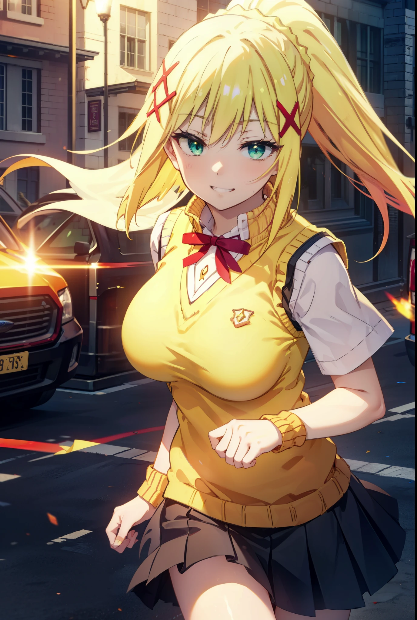 Lalatina Dusty Nesford, Lalatina Dustiness Ford, darkness \(KonoSuba\), Long Hair, (Green Eyes:1.3), Blonde, hair ornaments, ponytail, Braiding, x hair ornaments,Big Breasts,smile, Grin, White Y-shirt,Short sleeve,Sweater vest, Black knee-high socks,(yellow Sweater vest:1.5),Black pleated skirt,Black Loafers,whole bodyがイラストに入るように,Walking,Sunset,evening,The sun is setting, break outdoor,In town,Building district,,crowd, people々々々々々, break looking at viewer, whole body, break (masterpiece:1.2), highest quality, High resolution, unity 8k wallpaper, (shape:0.8), (Beautiful and beautiful eyes:1.6), Highly detailed face, Perfect lighting, Extremely detailed CG, (Perfect hands, Perfect Anatomy),