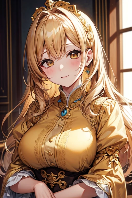 Very detailed, alone, Perfect Face, Beautiful Face, Very detailedな顔,(masterpiece), (highest quality)、Golden Dressを着た女性, 薄いGolden Dressを着て, Medieval Dress Ochre, Golden Dress, Rococo Dress, Royal gowns, The most beautiful woman in the world、Best Style、Perfect Style、Big Breasts、Upper Body