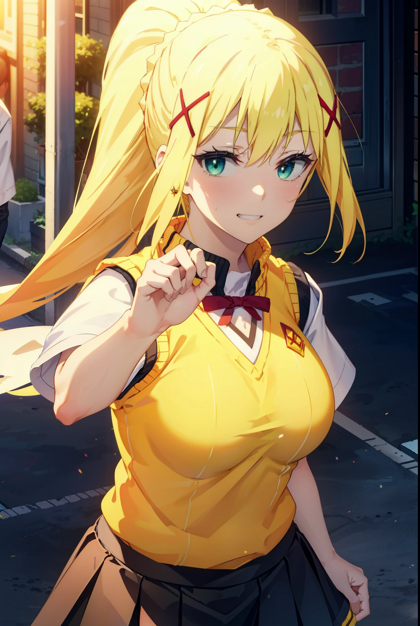 Lalatina Dusty Nesford, Lalatina Dustiness Ford, darkness \(KonoSuba\), Long Hair, (Green Eyes:1.3), Blonde, hair ornaments, ponytail, Braiding, x hair ornaments,Big Breasts,smile, Grin, White Y-shirt,Short sleeve,Sweater vest, Black knee-high socks,(yellow Sweater vest:1.5),Black pleated skirt,Black Loafers,whole bodyがイラストに入るように,Walking,Sunset,evening,The sun is setting, break outdoor,In town,Building district,,crowd, people々々々々々, break looking at viewer, whole body, break (masterpiece:1.2), highest quality, High resolution, unity 8k wallpaper, (shape:0.8), (Beautiful and beautiful eyes:1.6), Highly detailed face, Perfect lighting, Extremely detailed CG, (Perfect hands, Perfect Anatomy),