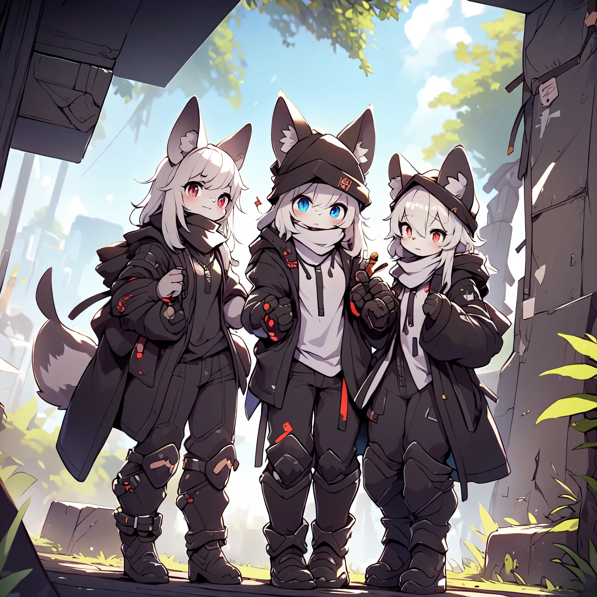 Kawaii, Striped Fluffy Fox, emaciated, long hair, 3girls, artificial synthetic skin, life support prosthetics, digital headphones, black tight latex bodysuit, white long dress, thigh-high-socks, shorts, loose off-the-shoulder hood open jacket, holsters in thigh, Mechanical boots, tactical knee pads, tactical belted loose Arm Sleeves, cybernetic Display gloves, chest rigs, tactical belts, blue archive halo, bulletproof goggles on forehead, from Ark nights, ray tracing, depth of field, bloom, masterpiece, ccurate, high details, highres