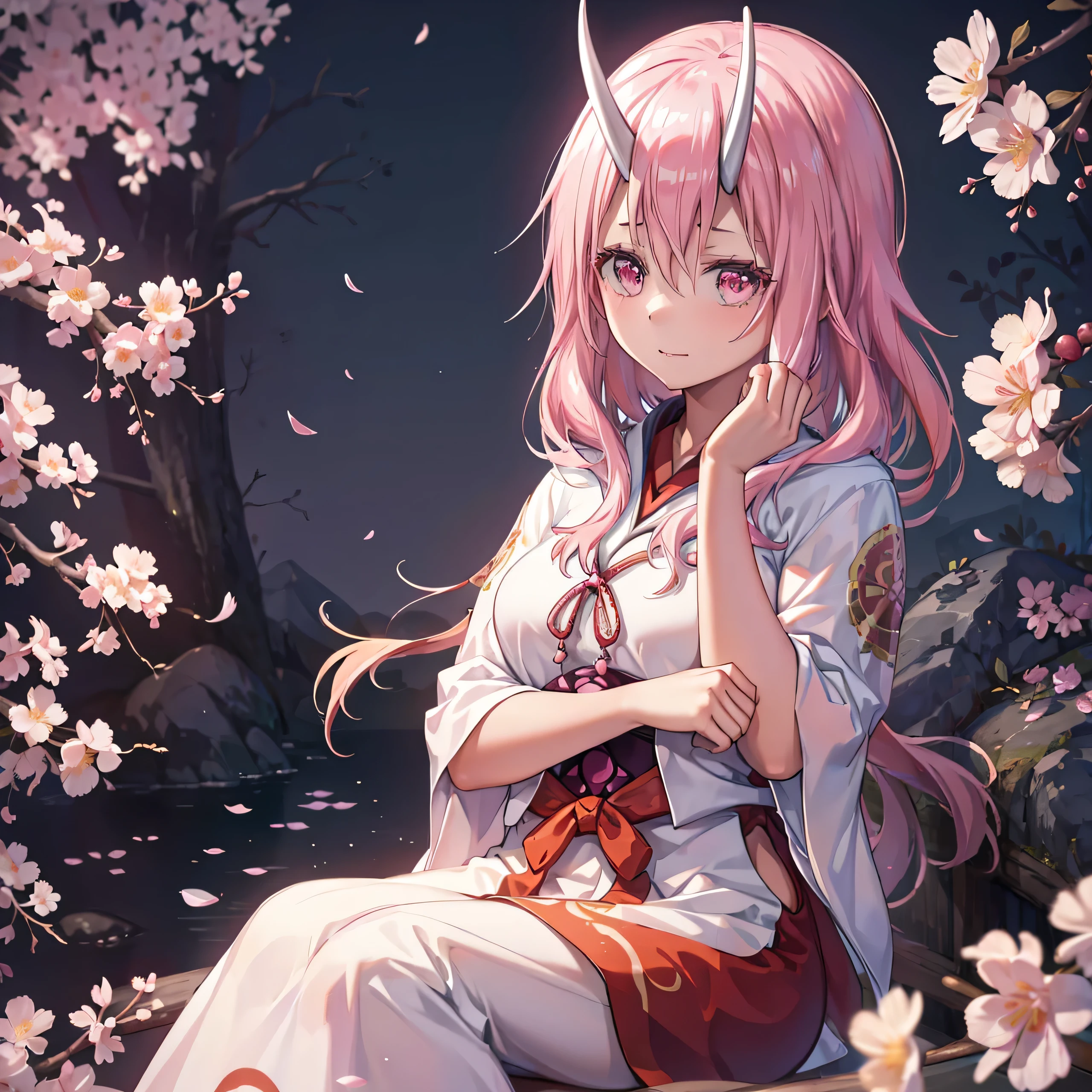 1girl, solo, masterpiece,extremely detailed CG unity 8k wallpaper,1girl, beautiful, realistic, ,, branch, plum blossom, depth_of_field, flower, jewelry, nose, realistic, solo,chinese clothes,fingers hidden, arms hidden, Shuna, pink hair, oni horns, white horns, pink eyes, long hair, sidelocks, hair between eyes