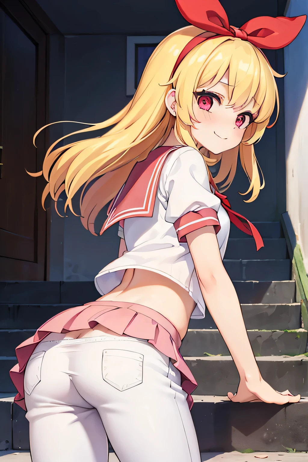 (red ribbon on hairband:1.2),18year old, Solo, Best Quality,1girl in, shorttwintail, Blonde hair,  panties on, (White panty:1.2), (Looking back while climbing the stairs, I can see a glimpse of the pants.:1.5), Shrine stairs, (Panties are visible through the skirt:1.2), (Upper body:1.4),(Shy:1.2), (blush:1), Smile, (Jig eyes),((Five Fingers)), Small breasts, , serafuku, 
masutepiece, Best Quality, Clear Detail, Ultra-detailed, High quality, Beautiful detailed