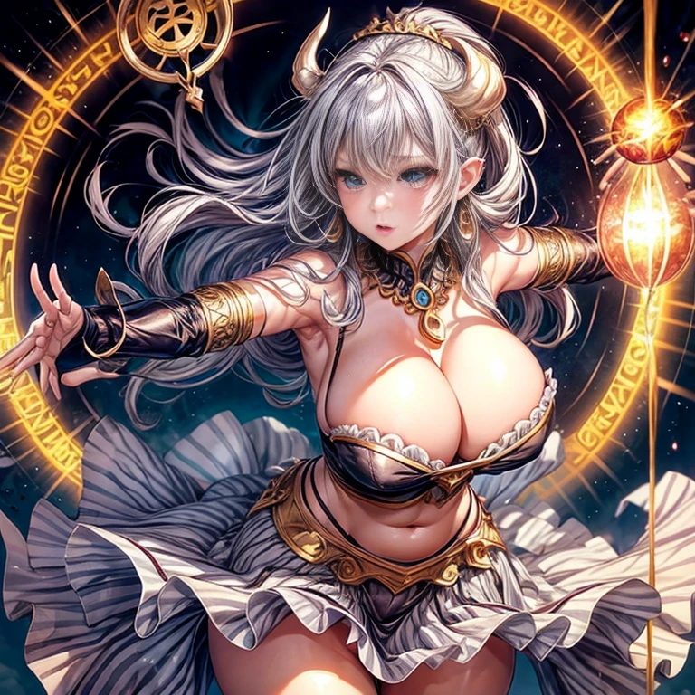 In the sky、Demon of Justice、Gray Hair、Belly Dance Cosplay、Camel Toe、Giant tit、Nipple Puffs、Cleavage、Plump、Super big breasts、Super big butt、Earrings、Earrings、necklace、Thick lips、Heterochromia、Bracelet、Caster wheel、first round、Hair Charm、Lip gloss、(Frilled Skirt、Pareo、Angel Halo、See-through)、magic circle、Dance Void Technique、aura