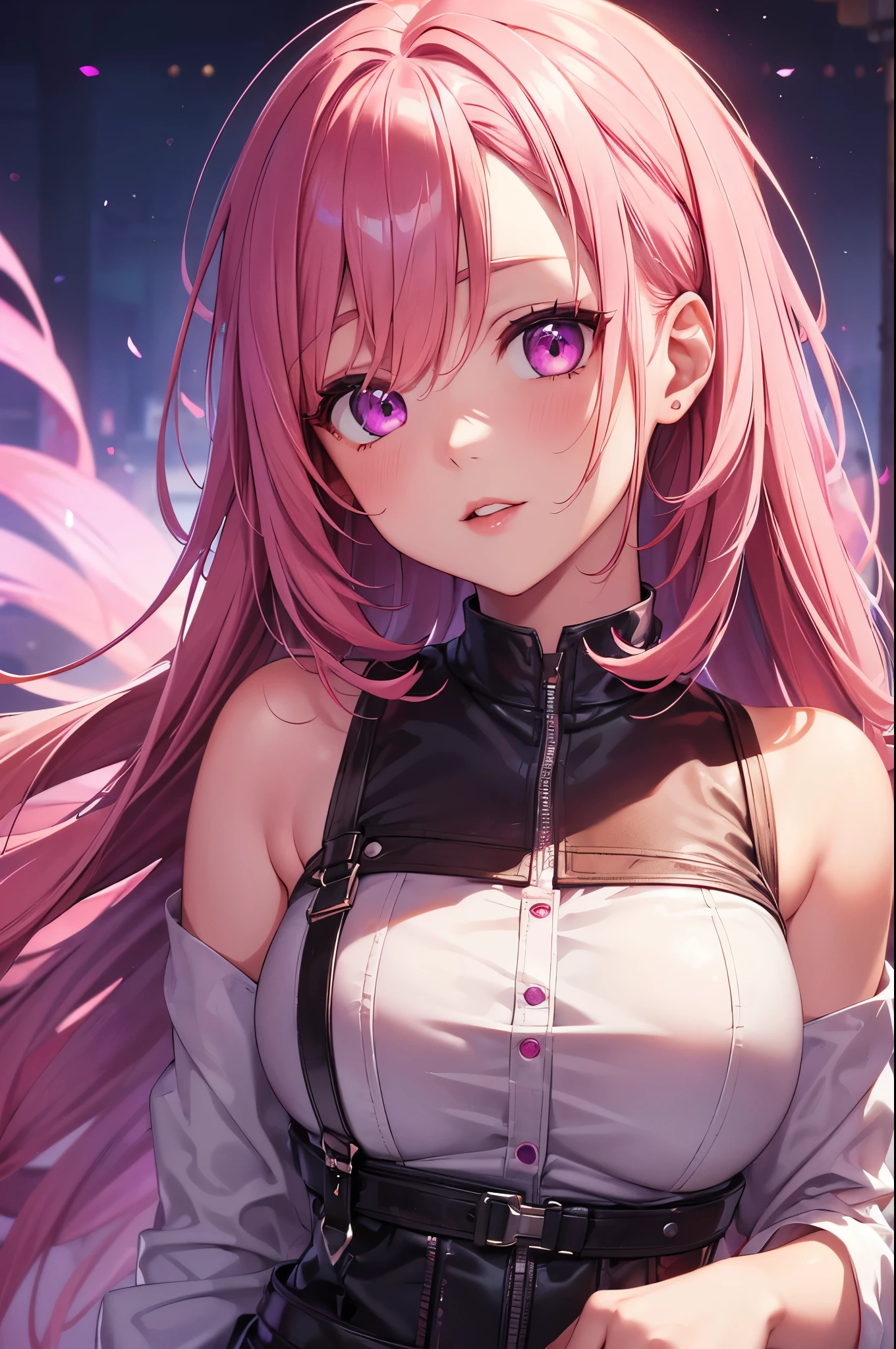 (Best quality at best,8K,A high resolution,tmasterpiece:1.2),Digital artwork, one girl,detailed face,detailed eyes,pink hair,long straight hair,glowing purple eyes,red lip,Suspenders