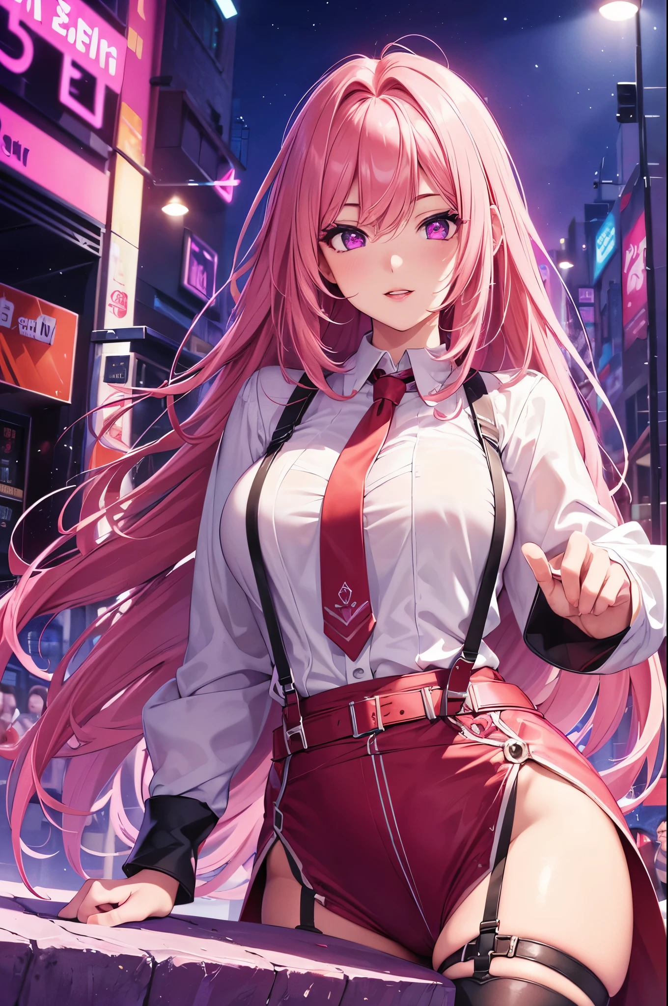 (Best quality at best,8K,A high resolution,tmasterpiece:1.2),Digital artwork, one girl,detailed face,detailed eyes,pink hair,long straight hair,glowing purple eyes,red lip,Suspenders