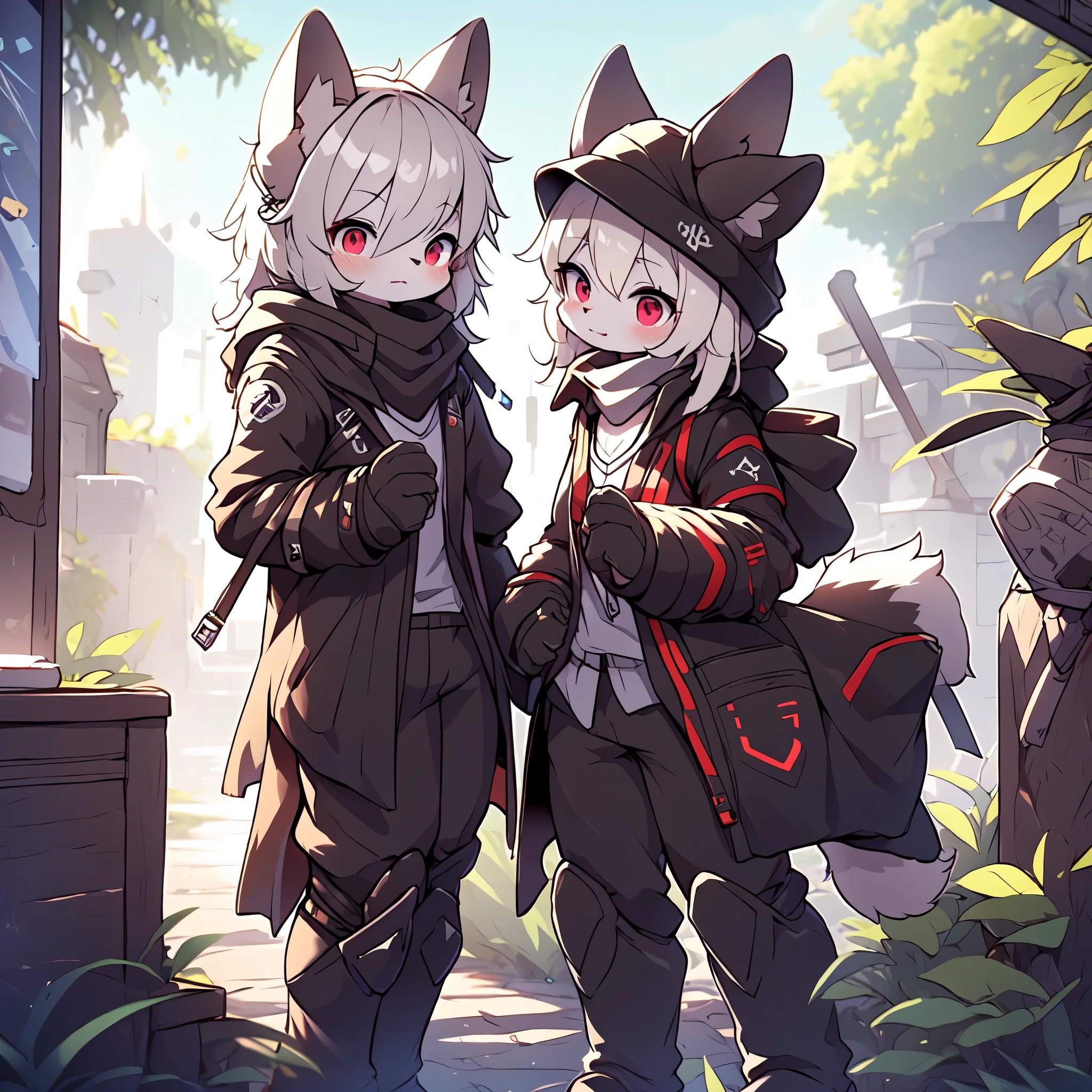 Kawaii, Striped Fluffy Fox, emaciated, long hair, 3girls, artificial synthetic skin, life support prosthetics, digital headphones, black tight latex bodysuit, white long dress, thigh-high-socks, shorts, loose off-the-shoulder hood open jacket, holsters in thigh, Mechanical boots, tactical knee pads, tactical belted loose Arm Sleeves, cybernetic Display gloves, chest rigs, tactical belts, blue archive halo, bulletproof goggles on forehead, from Ark nights, ray tracing, depth of field, bloom, masterpiece, ccurate, high details, highres