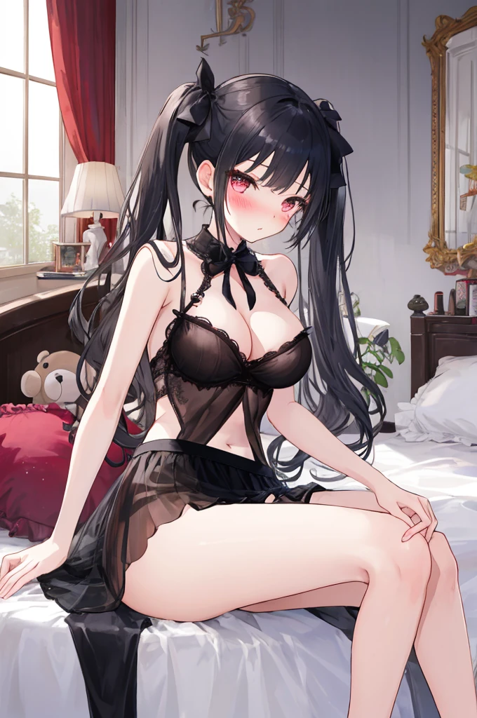 A girl，Sitting on the bed，There are a lot of stuffed animals，twintails，Long hair，Black Hair，((transparent))，Towering breasts，Lolita skirt，Sexy Lingerie，Flowing fabric，Slim waist，Showing belly，Smooth legs，blush，