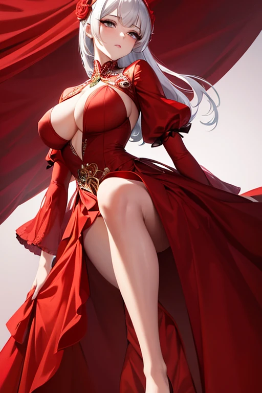 a close up of a woman in a Red dress with roses, Extravagant dress, 8k highly detailed , dressed beautiful gown, Wearing a wonderful dress, Red dress, Detailed dress and face, All red, beautiful gown, gown, elegant Red dress, red, Wearing a wonderful dress, Exquisite digital illustration,The most beautiful woman in the world、White Hair、White eyes、Best Style、Beautiful legs、whole body