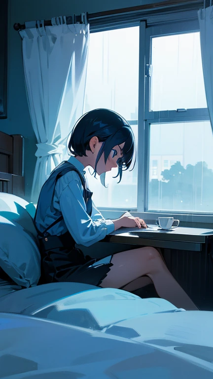A girl sitting alone on her bed. Through the window, the weather is rainy. The overall color is blue.