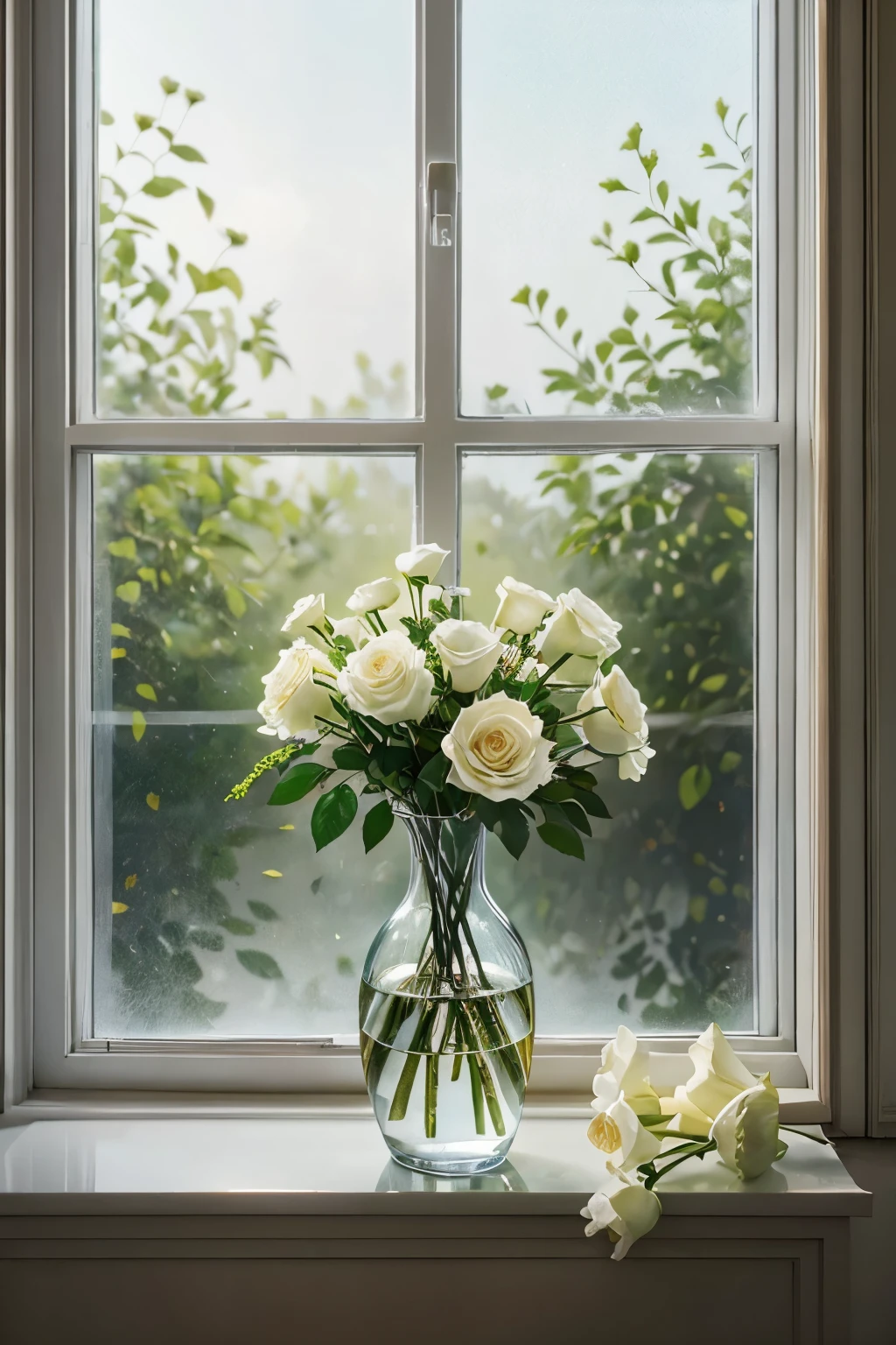 A beautiful oil painting with a vase of white roses. The vase is blue and filled with water. There are still some water drops on the petals of the rose, which sparkle in the sunlight. The leaves of the rose are green, which is particularly beautiful against the white flowers. The background of the painting is a window, and outside the window is a green grassland. Pascal Campion Pascal Campion