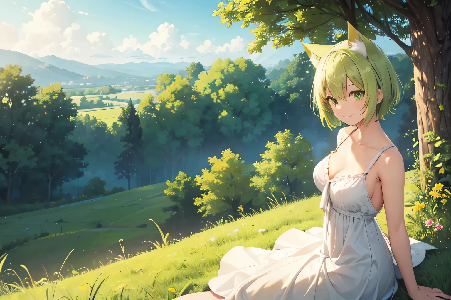looking afar, Cute girl with gentle smile, one girl, gentle yellowish green hair, short hair, cat ears, yellowish green eyes, medium breasts, looking afar, Background is grassland, light leaks, from side, UHD, best quality