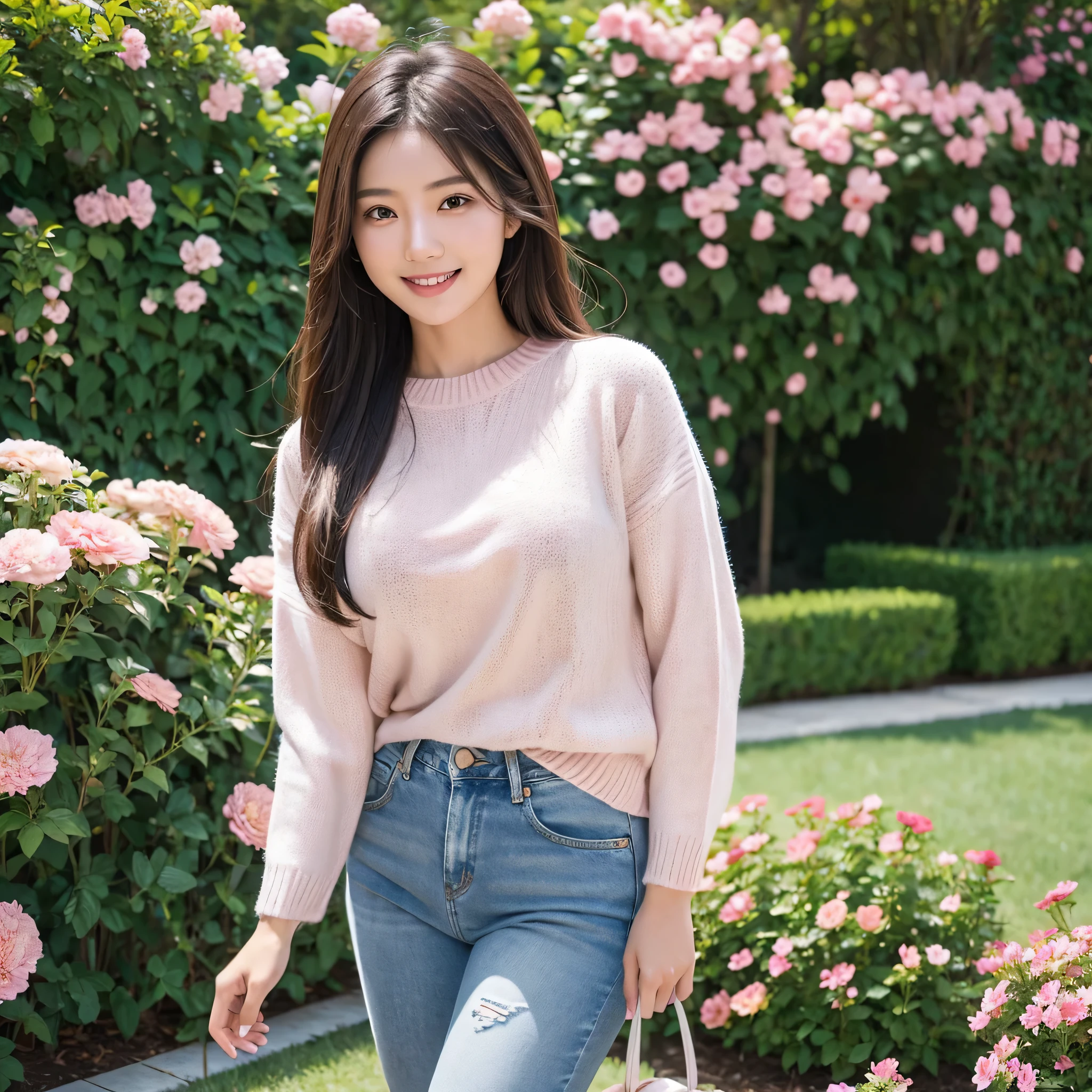 Asian girl, adult girl, sexy, cute, smile, white skin, long hair, brown hair, pink sweater, blue jeans, garden, flower