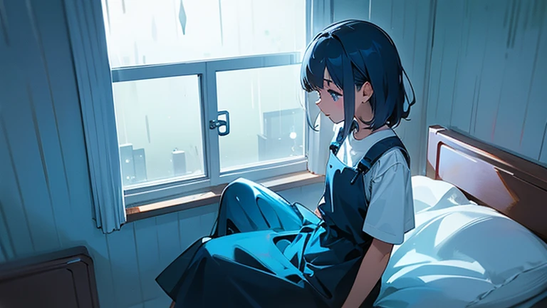 A girl sitting alone on her bed. Through the window, the weather is rainy. The overall color is blue.