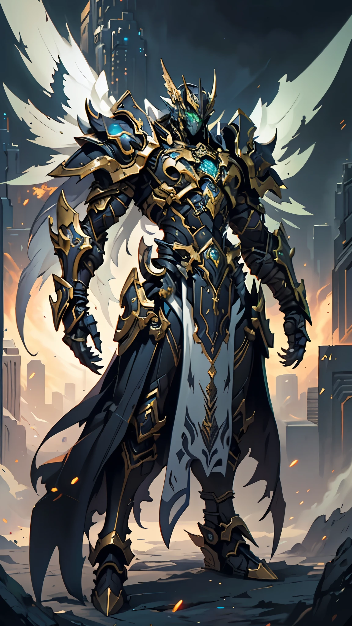 A man wearing a full-face helmet, a fantasy-style biotech armored combat suit, green eyes, (a composite layered chest armor), fully enclosed shoulder guards, matching arm and leg guards, the belt is adorned with Falcon Wing, (the color scheme is primarily white with red and blue accents), the design balances heavy with agility, a high-tech bio-mecha armor, (Armor Concept Inspired by Falcon, stand on the top of a skyscraper in a futuristic sci-fi city), this character embodies a finely crafted fantasy-surreal style armored hero in anime style, exquisite and mature manga art style, (element, plasma, energy, the armor glows), ((male:1.5)), metallic, real texture material, dramatic, high definition, best quality, highres, ultra-detailed, ultra-fine painting, extremely delicate, professional, perfect body proportions, golden ratio, anatomically correct, symmetrical face, extremely detailed eyes and face, high quality eyes, creativity, RAW photo, UHD, 32k, Natural light, cinematic lighting, masterpiece-anatomy-perfect, masterpiece:1.5