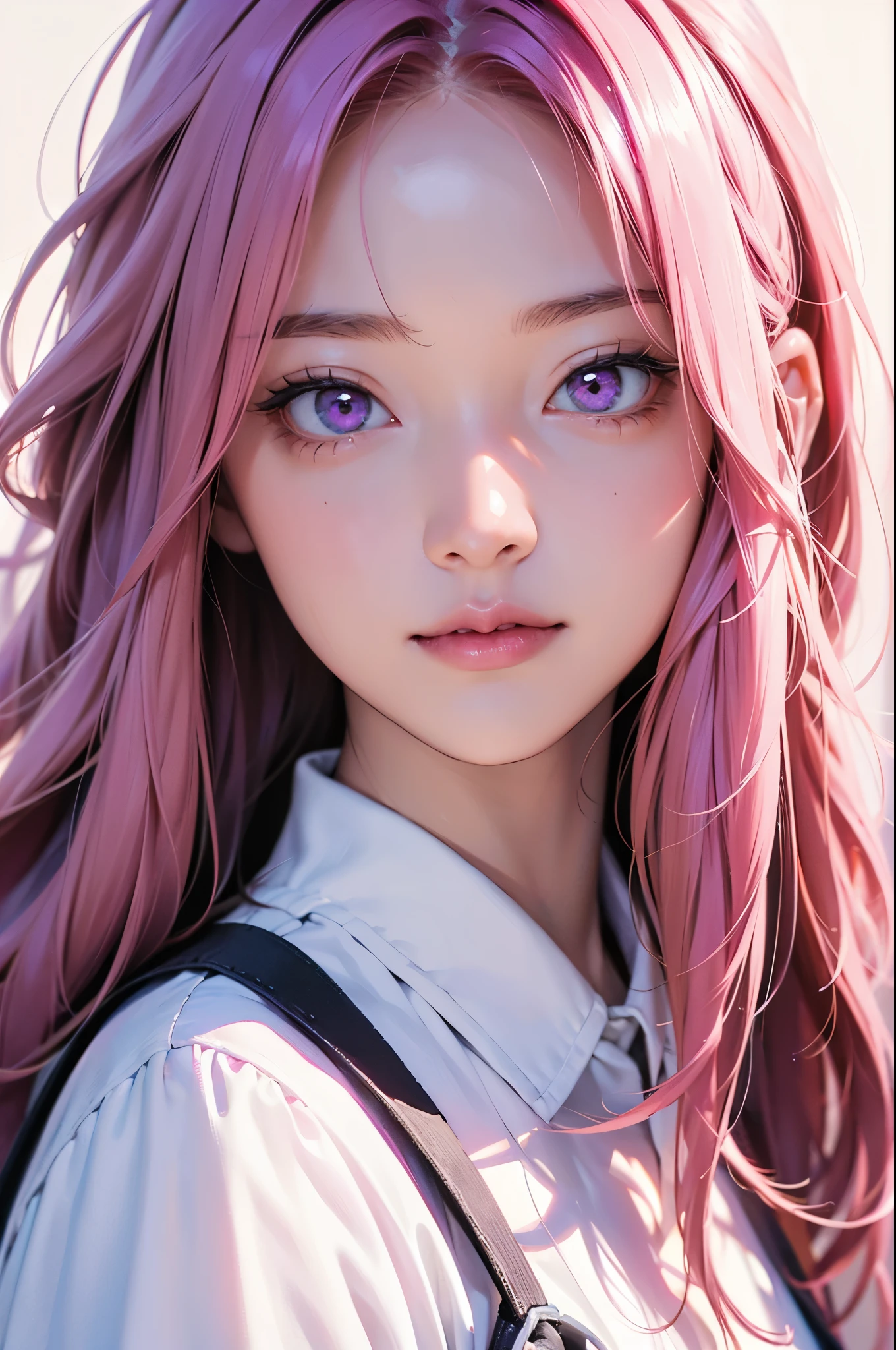 (Best quality at best,8K,A high resolution,tmasterpiece:1.2),Digital artwork, one girl,detailed face,detailed eyes,pink hair,long straight hair,glowing purple eyes,red lip,Suspenders