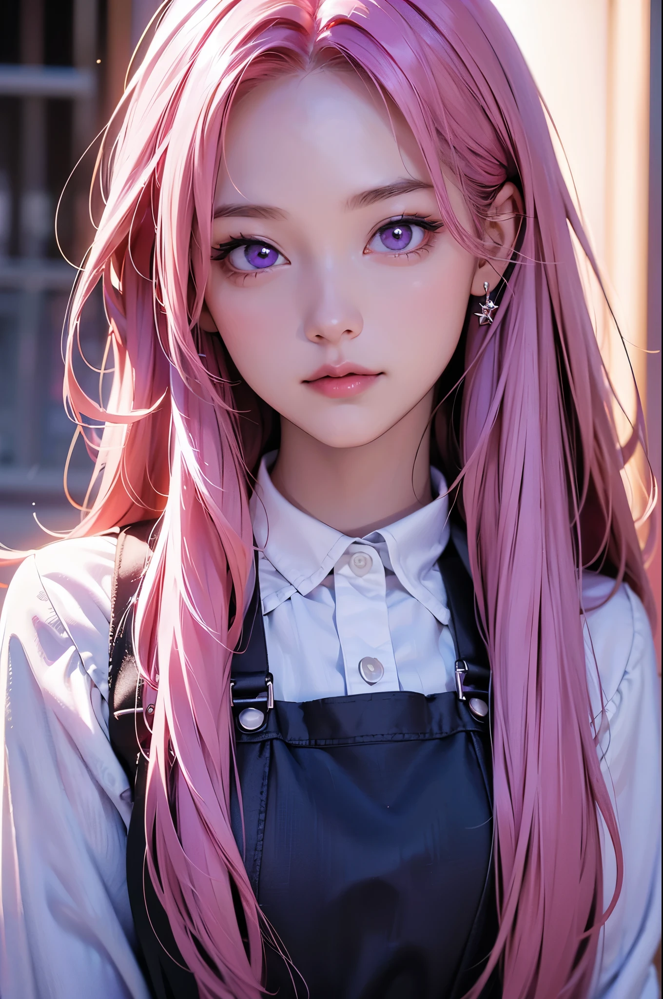 (Best quality at best,8K,A high resolution,tmasterpiece:1.2),Digital artwork, one girl,detailed face,detailed eyes,pink hair,long straight hair,glowing purple eyes,red lip,Suspenders