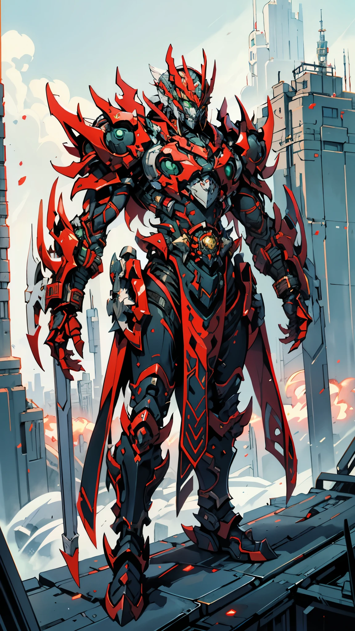 A man wearing a full-face helmet, a fantasy-style biotech armored combat suit, green eyes, (a composite layered chest armor), fully enclosed shoulder guards, matching arm and leg guards, the belt is adorned with Falcon Wing, (the color scheme is primarily white with red and blue accents), the design balances heavy with agility, a high-tech bio-mecha armor, (Armor Concept Inspired by Falcon, stand on the top of a skyscraper in a futuristic sci-fi city), this character embodies a finely crafted fantasy-surreal style armored hero in anime style, exquisite and mature manga art style, (element, plasma, energy, the armor glows), ((male:1.5)), metallic, real texture material, dramatic, high definition, best quality, highres, ultra-detailed, ultra-fine painting, extremely delicate, professional, perfect body proportions, golden ratio, anatomically correct, symmetrical face, extremely detailed eyes and face, high quality eyes, creativity, RAW photo, UHD, 32k, Natural light, cinematic lighting, masterpiece-anatomy-perfect, masterpiece:1.5