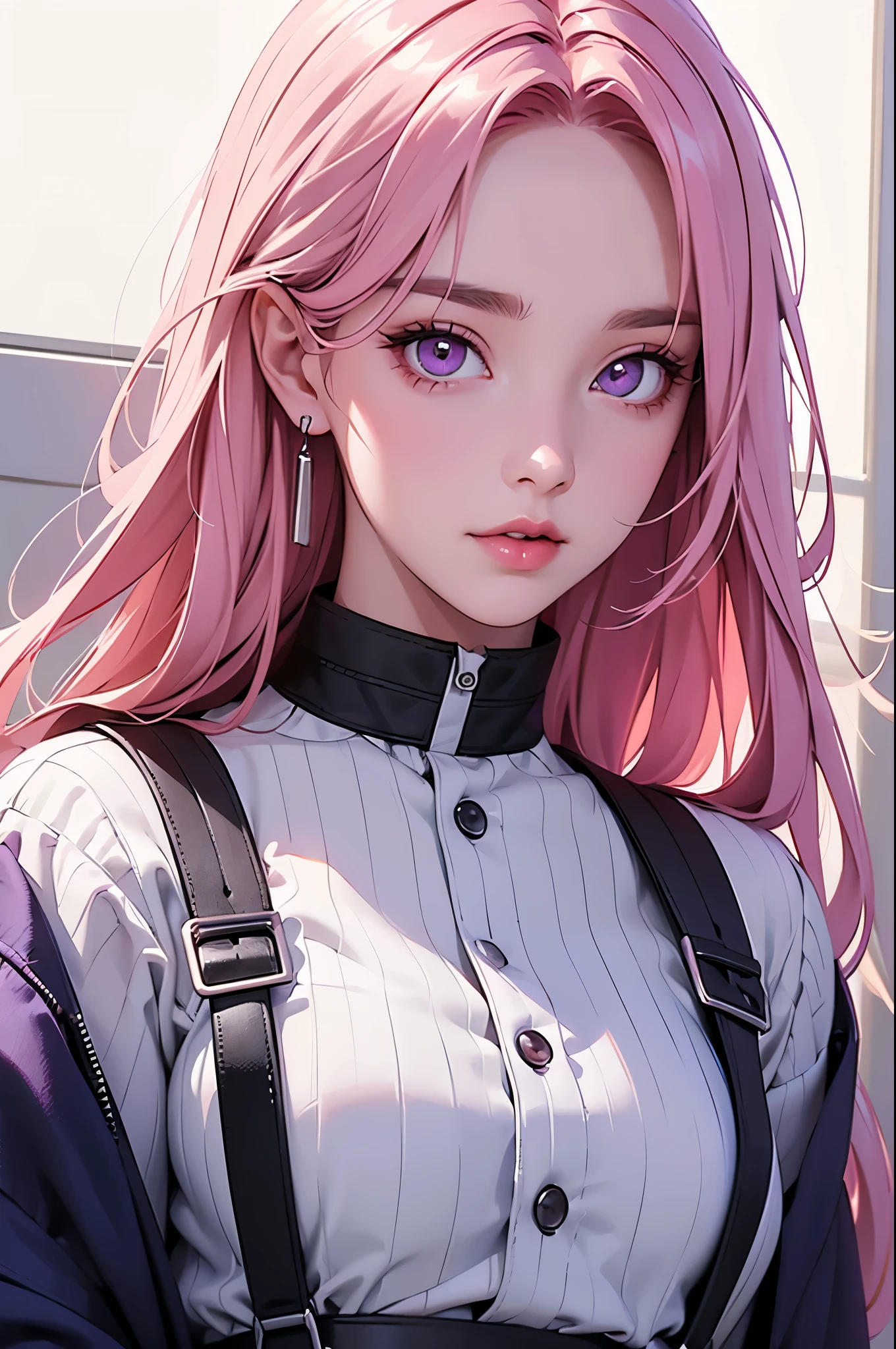 (Best quality at best,8K,A high resolution,tmasterpiece:1.2),Digital artwork, one girl，detailed face，detailed eyes，pink hair，long straight hair，glowing purple eyes，red lip，Suspenders