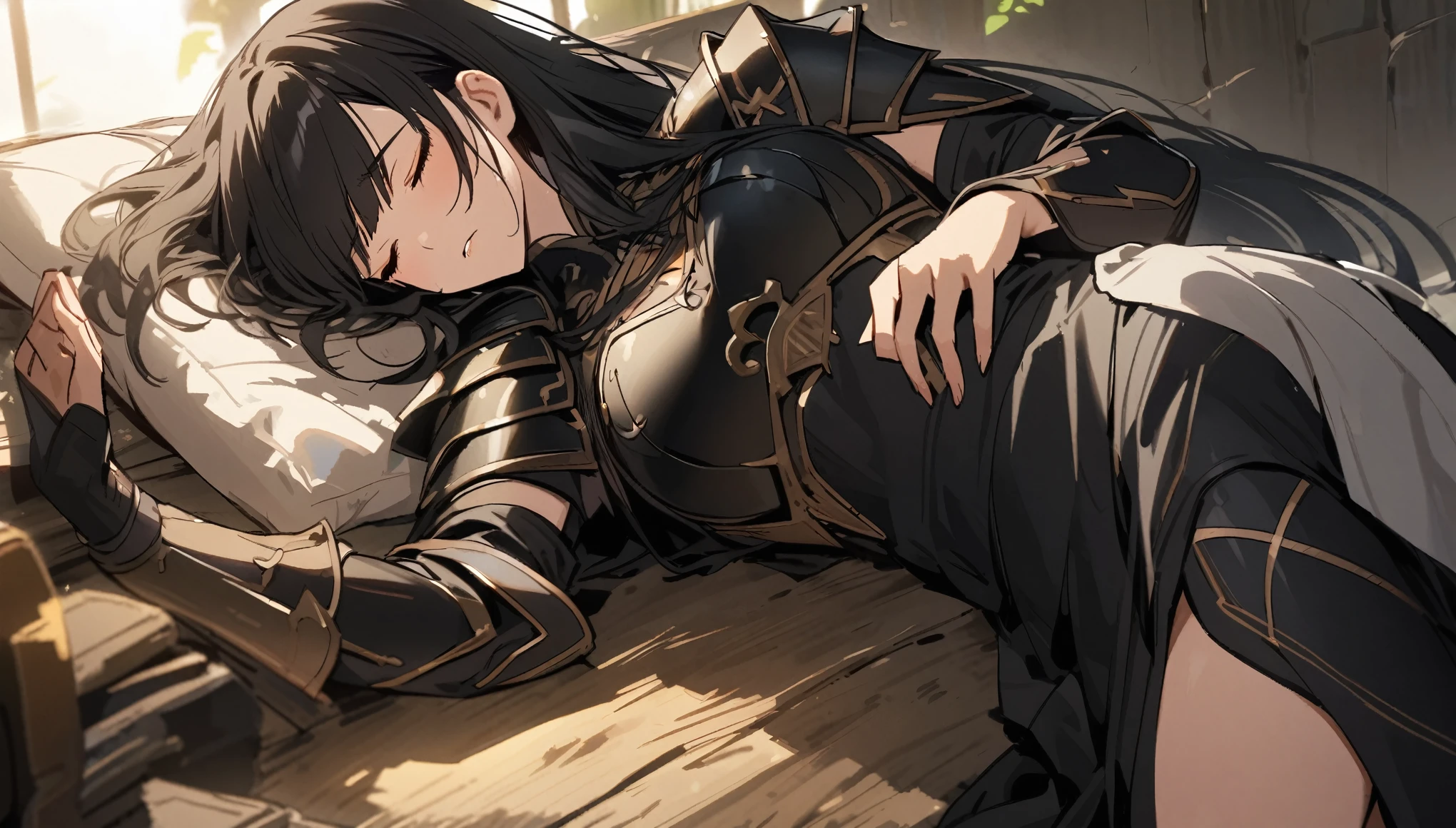 A female warrior with long black hair and wearing black armor, a beautiful woman with bangs, tired and sleeping.