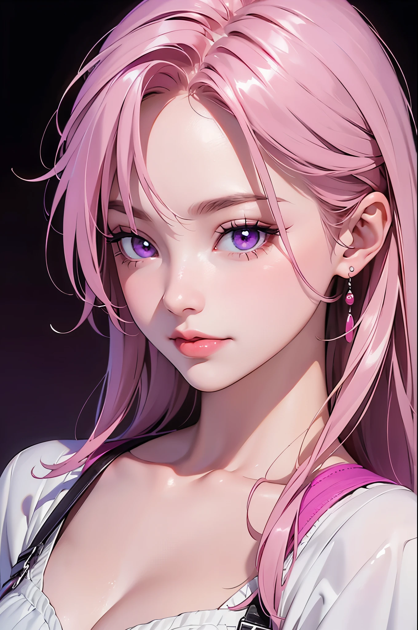 (Best quality at best,8K,A high resolution,tmasterpiece:1.2),Digital artwork, one girl,detailed face,detailed eyes,pink hair,long straight hair,glowing purple eyes,red lip,Suspenders