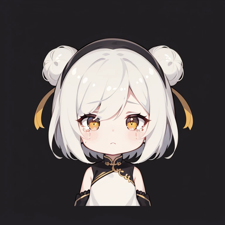 best quality, female, crying, neutral, looking to the side, looking to the left, short hair, white hair, pale skin, chibi, white background, cute, chibi, icon, flat icon, headshot,China dress,chinese bun black short hair,bun cover,Yellow Eyes,Sad Scene