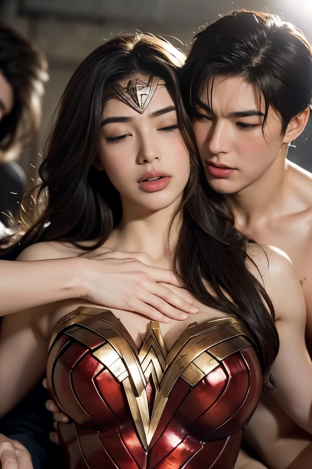 私はWonder Womanです、完璧なWonder Womanの衣装,Kneel,押しDefeated,Defeated,A man mounts me,Face grabbed、Hug from the front,Hugged,Being strangled,You can hold it，Leaning on the man，Hugged，Can be lifted，Men lick my face with their tongues,The guys lick my head with their tongues,Men lick my hair with their tongues,My body is licked by men,sleeping face,Close ~ eyes,Open your mouth,Tired face,Face of Suffering,sleeping face,Being slapped in the face,Getting punched in the face,Fighting with men,Fight with the men,Surrounded by men,,Caught between the men,Being held back by men,Entanglement with males, Attacked by men,Brown Hair,  masterpiece、beautiful girl、fine 目、puffy eyes、highest quality, 超High resolution, (reality: 1.4), Cinema Lighting,so beautiful、Beautiful Skin、(超reality的な)、(High resolution)、(8k)、(Very detailed)、(beautiful and fine 目)、(Very detailed)、 Detailed face、Diagonal bangle hair、Brown Hair、20-year-old、Wonder Womanのコスプレ，Wonder Woman