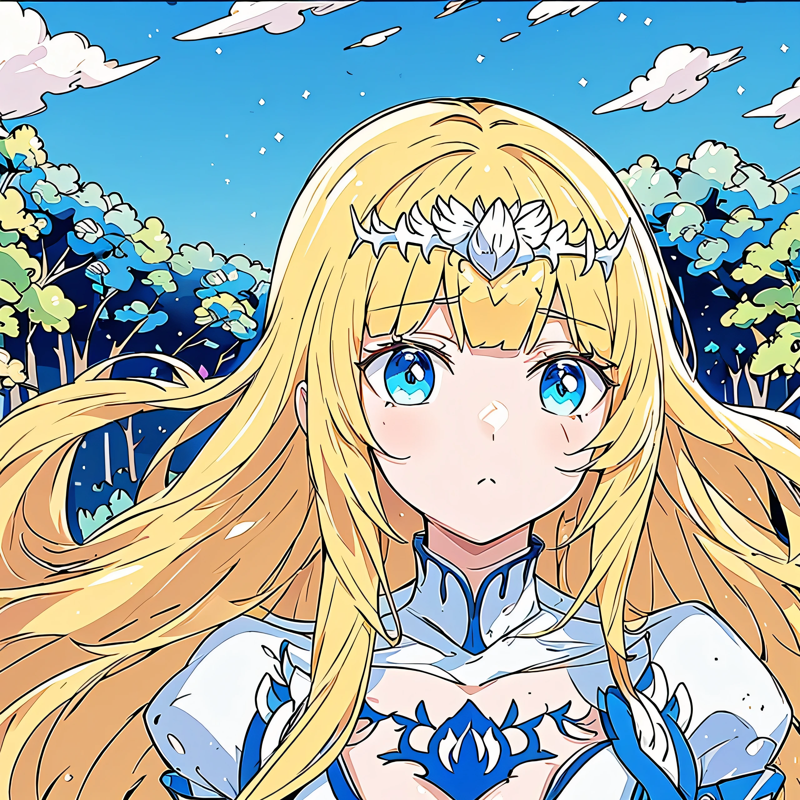 anime. soft lighting, anime,artwork in the style of Gweiz, portrait of anime, 1girl, solo, calca, blonde hair, , medium chest, extremely long hair, very long hair, extra long hair, white tiara, white dress, blue eyes, forest background, daytime, beautiful sky