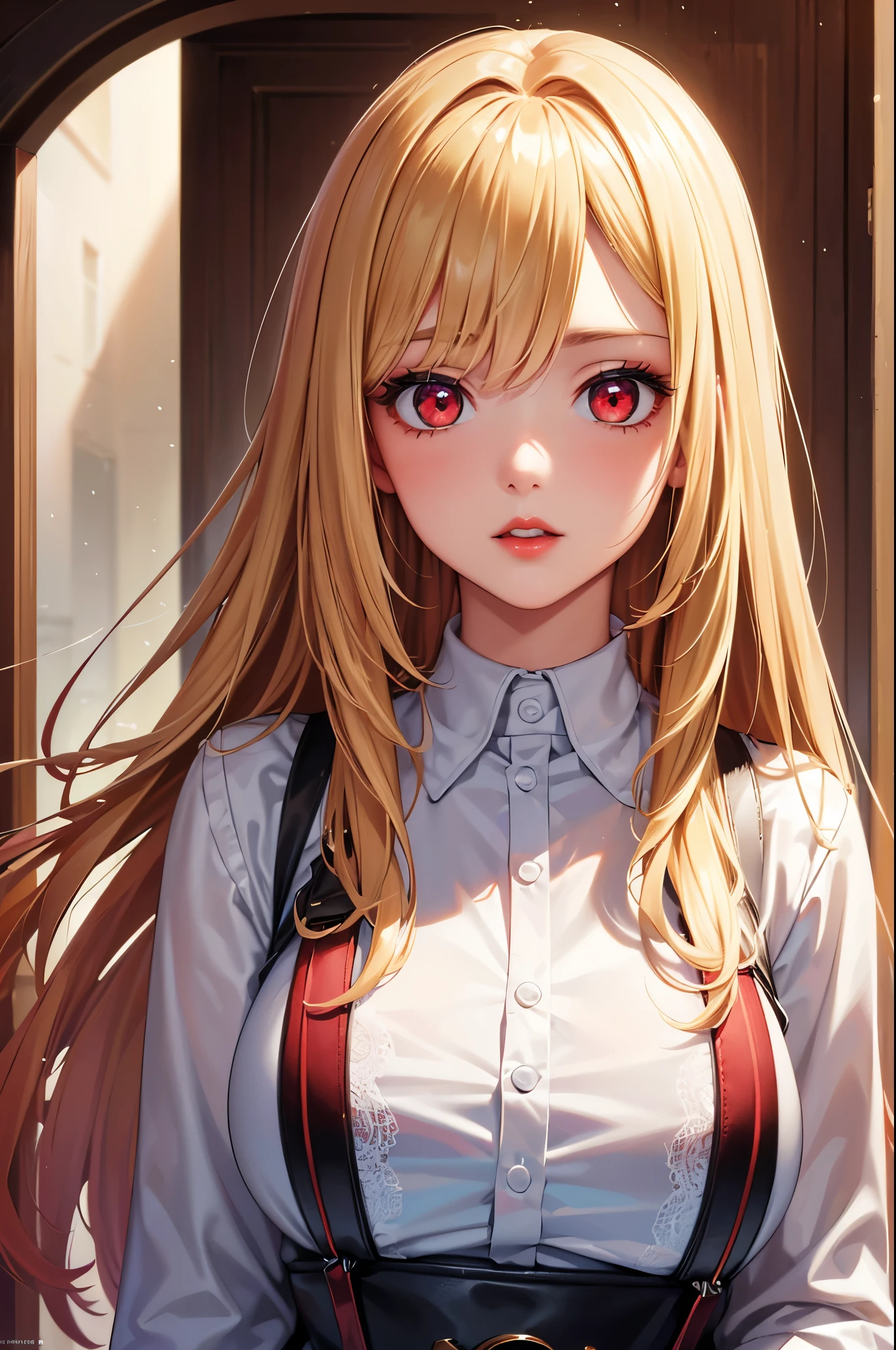 (Best quality at best,8K,A high resolution,tmasterpiece:1.2),Digital artwork, one girl,detailed face,detailed eyes,blonde hair,long straight hair,glowing red eyes,red lip,Suspenders