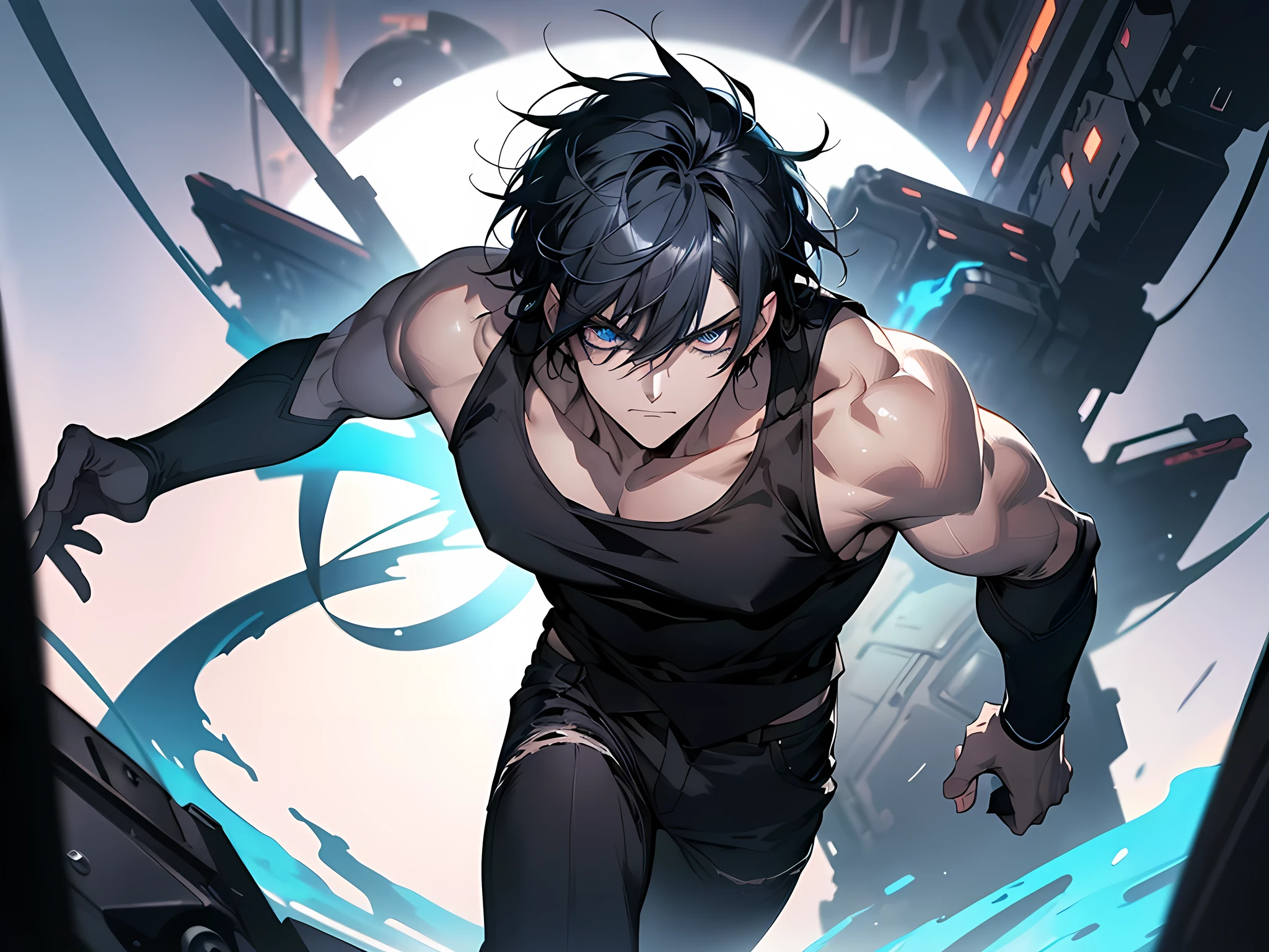 male thin anime character, black hair, light blue eyes, wearing a sleeveless black shirts, black pants, an blue powerful sphere coming out of his hands ((best quality, 8K, ultra detailed, sci-fi theme, masterpiece high resolution)), detailed eyes, eyes extremely detailed, half-body:0.6, background lighting blue silver, face detailed, full face