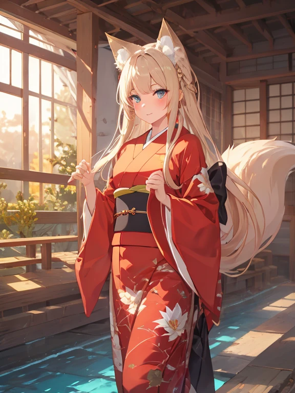 masterpiece, highest quality, Very detailed, 16k, Ultra-high resolution, Cowboy Shot, One ****************, Detailed face, Perfect Fingers, Fox Ears, tail, Golden Eyes, Blonde, Long Hair, Red kimono, Japanese garden, Pool, lotus, gravel, Walking